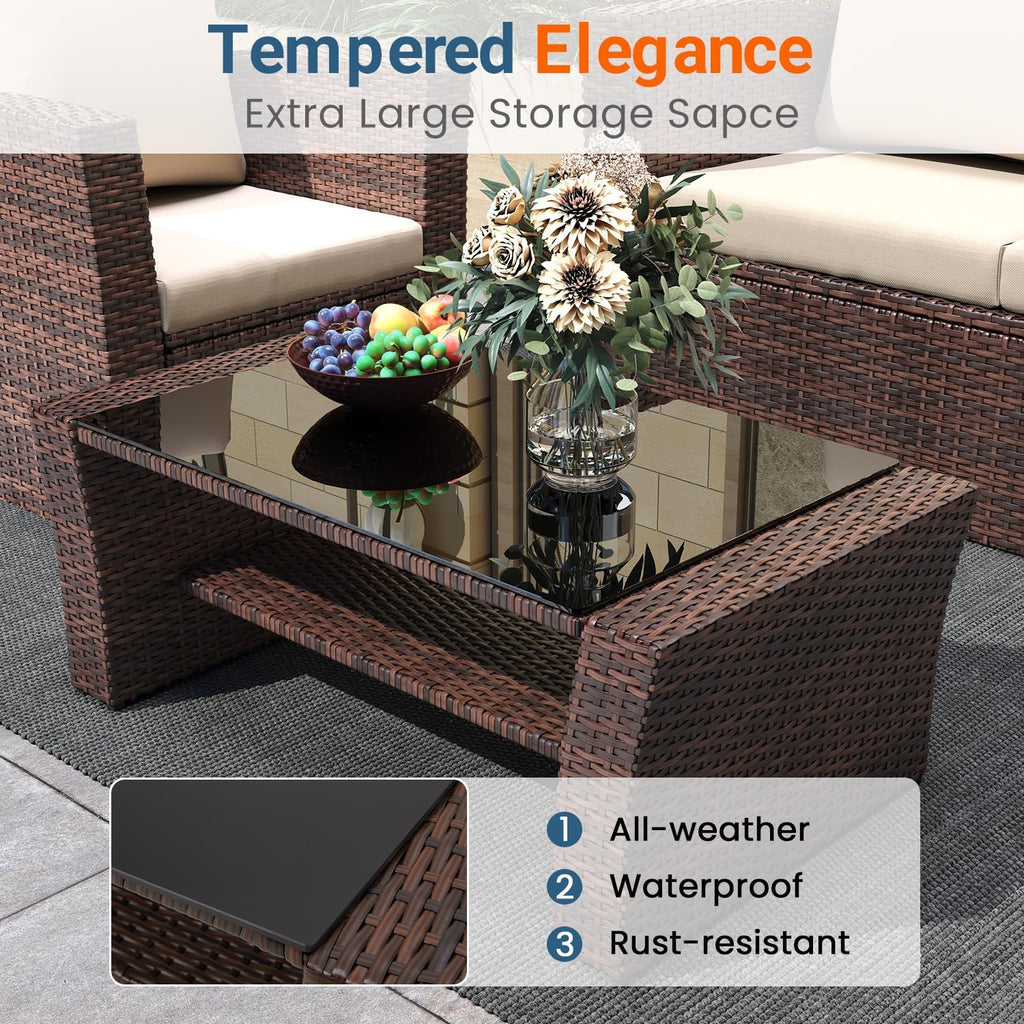 Wisteria Lane 4 Piece Patio Furniture Set  Wicker Outdoor Patio Conversation Furniture Set  All Weather Outdoor Patio Sofa with Cushion and Glass Table  Brown