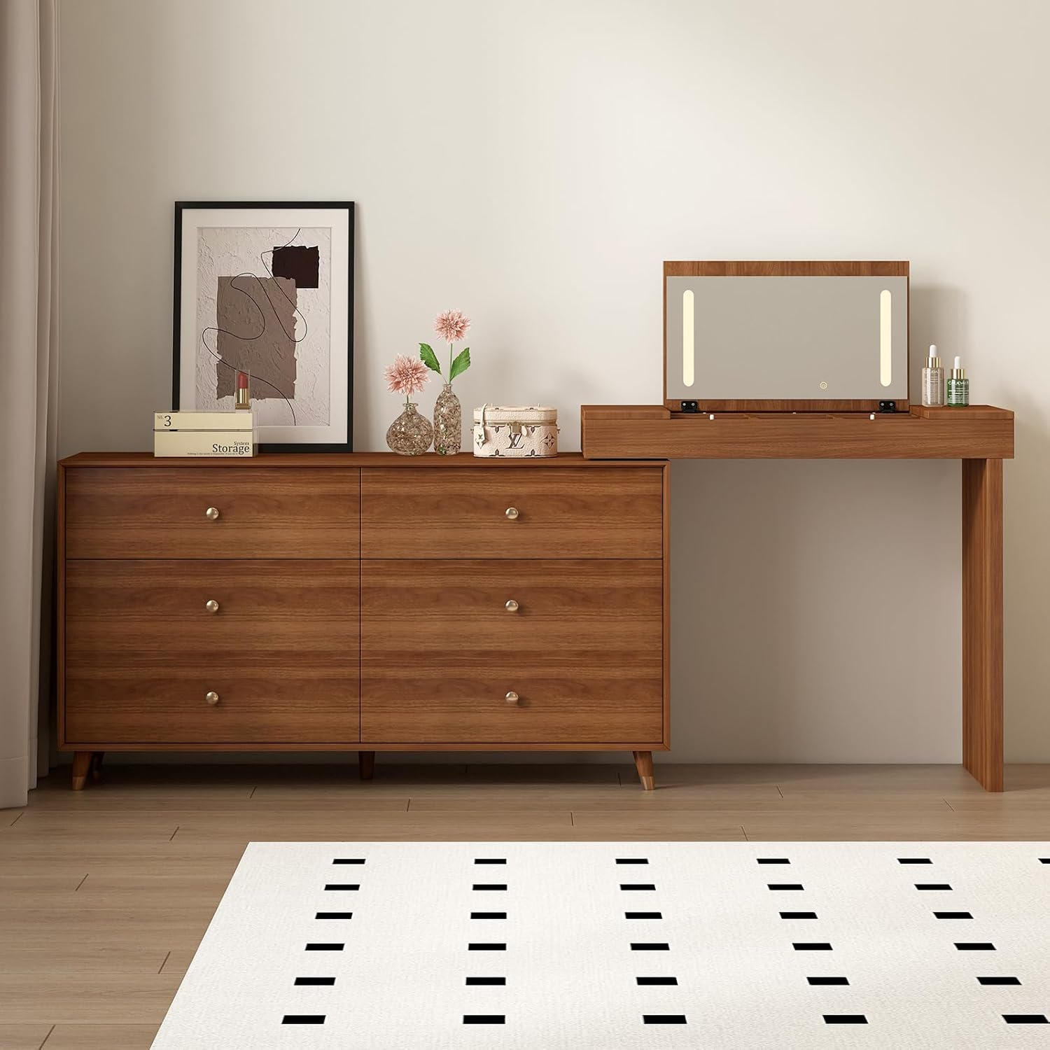 Vanity Desk with Mirror and Lights, Vintage 6 Drawer Dresser Desk Combo for Women with 50-90 in Adjustable L-Shape Makeup Table, Vanity for Bedroom with Jewelry and Cosmetics Storage Space,Walnut