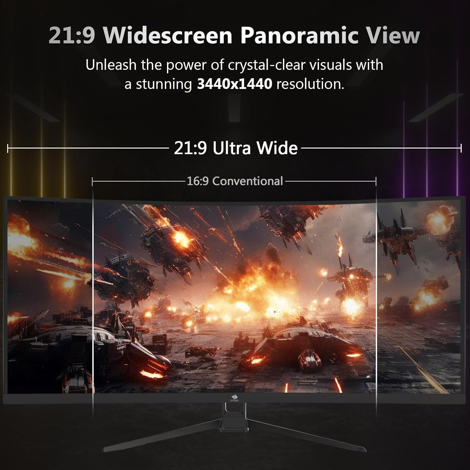 Z-Edge 34" Curved Gaming Monitor  WQHD 1440P 165Hz 144Hz PC Monitor  MPRT 1ms  21:9 Aspect Ratio  1500R  16.7M Colors  3000:1 Contrast  UG34 Frameless Bezel  2X DP 1.4 Ports and 2X HDMI 2.0 Port