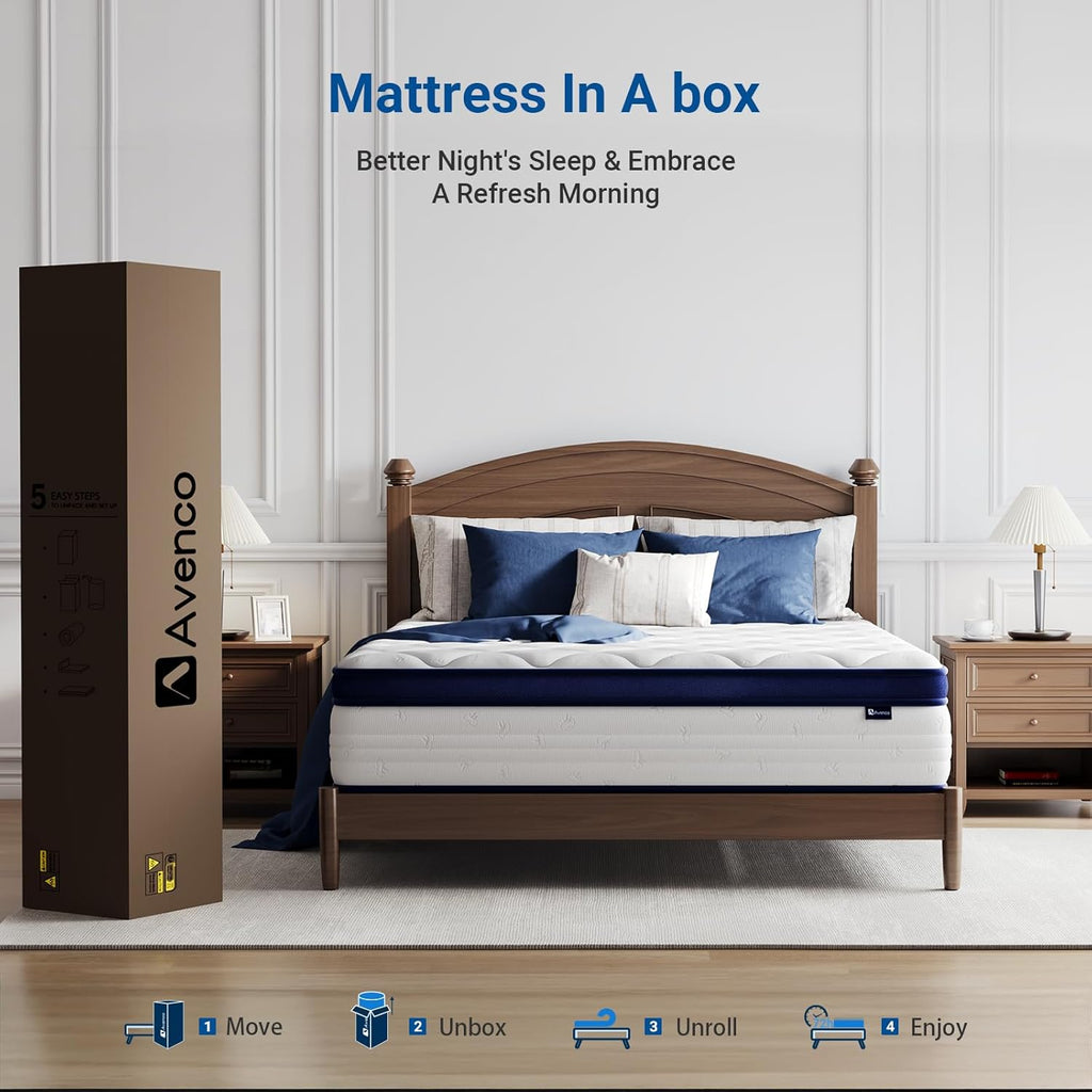 Avenco Queen Size Mattress, 10 Inch Queen Mattress with Individually Smarts Pocket Springs for Back Pain Relief, Hypoallergenic Fabric Box Spring No Need, Mattresses in a Box Medium Plush Support