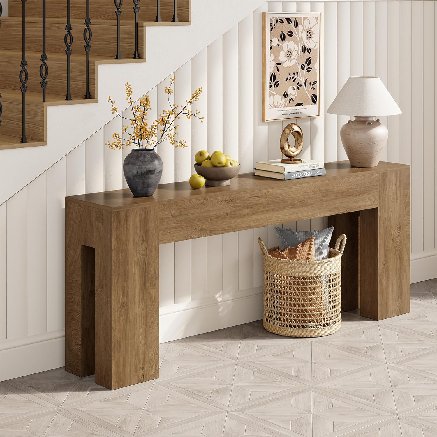Extra Long Sofa Console Table for Entryway Living Room, 79-Inch Farmhouse Wood Behind Couch Table, Rectangular Accent Console with Wooden Double Base for Hallway Foyer Entrance, Natural Oak