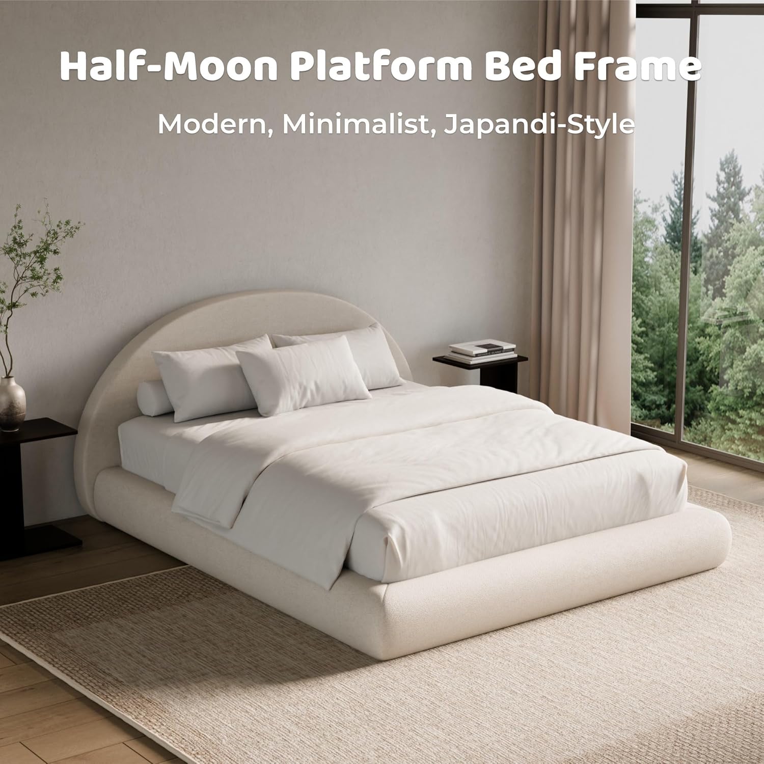 RECCI Half-Moon Upholstered Twin Platform Bed Frame, Velvet Curved Arched Base with Headboard, 5 Inch Fully Round Cushioned Foam, No Box Spring Needed, Easy Assembly | Round Shaped, Boucle, Low-profile, Soft