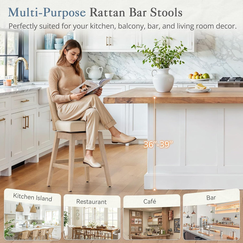 LUE BONA Rattan Bar Stools Set of 3, 27” Swivel Wooden Bars Stools with Thick Linen Seat, Handwoven Back & Wooden Leg, Counter Height for Kitchen Island, Apricot