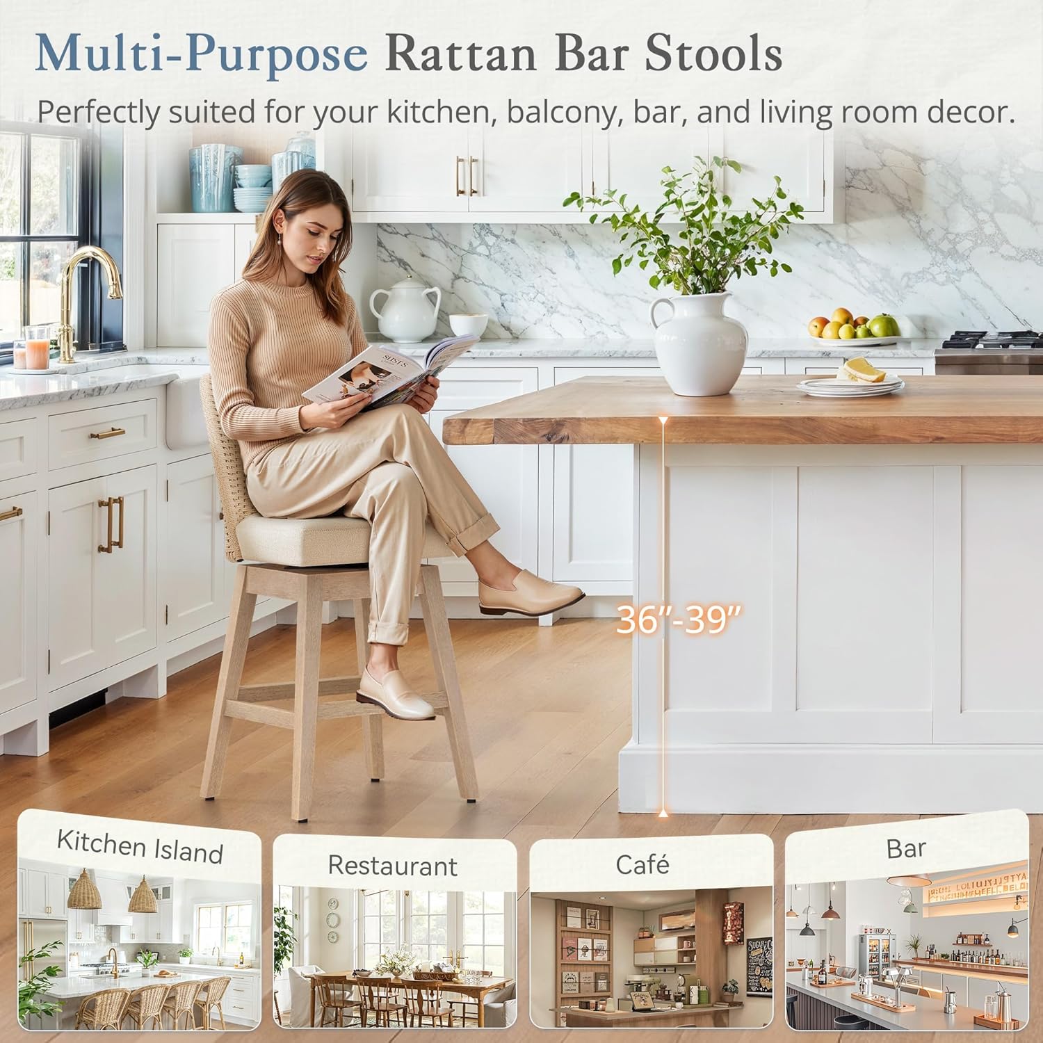 LUE BONA Rattan Bar Stools Set of 3, 27” Swivel Wooden Bars Stools with Thick Linen Seat, Handwoven Back & Wooden Leg, Counter Height for Kitchen Island, Apricot