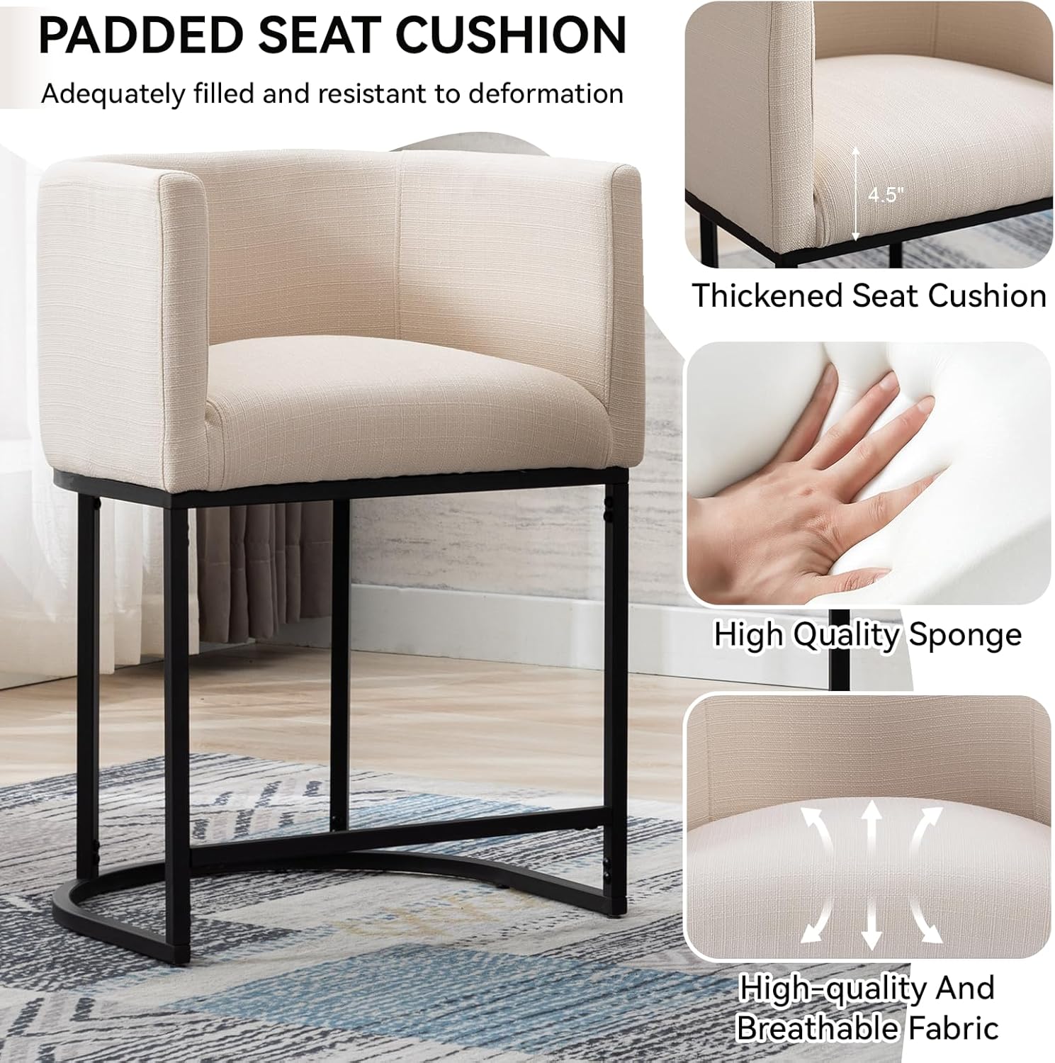 Contemporary Cream Linen Bar Stools Set of 3, 24" Upholstered Fabric Counter Height Barstools Kitchen Counter Island Stools with Screwed Together Black Metal Base