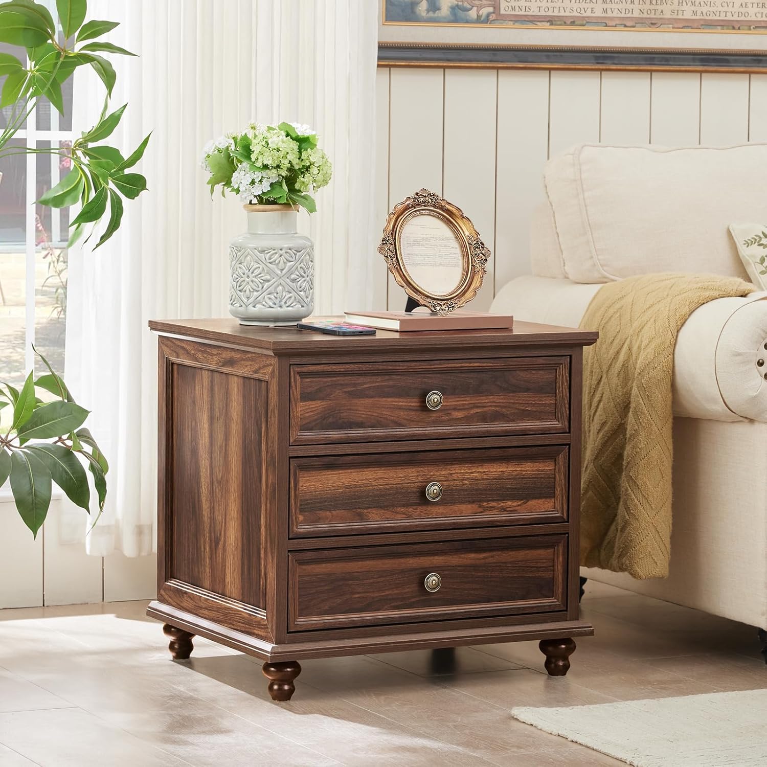 24" Wide Farmhouse Night Stand Set of 2,Large End Table with 3 Drawers & Metal Handle,Brown Wood Dresser for Bedroom Cabinet, Bed Side Table Chest of Drawers,Nightstand for Living Room,Closet