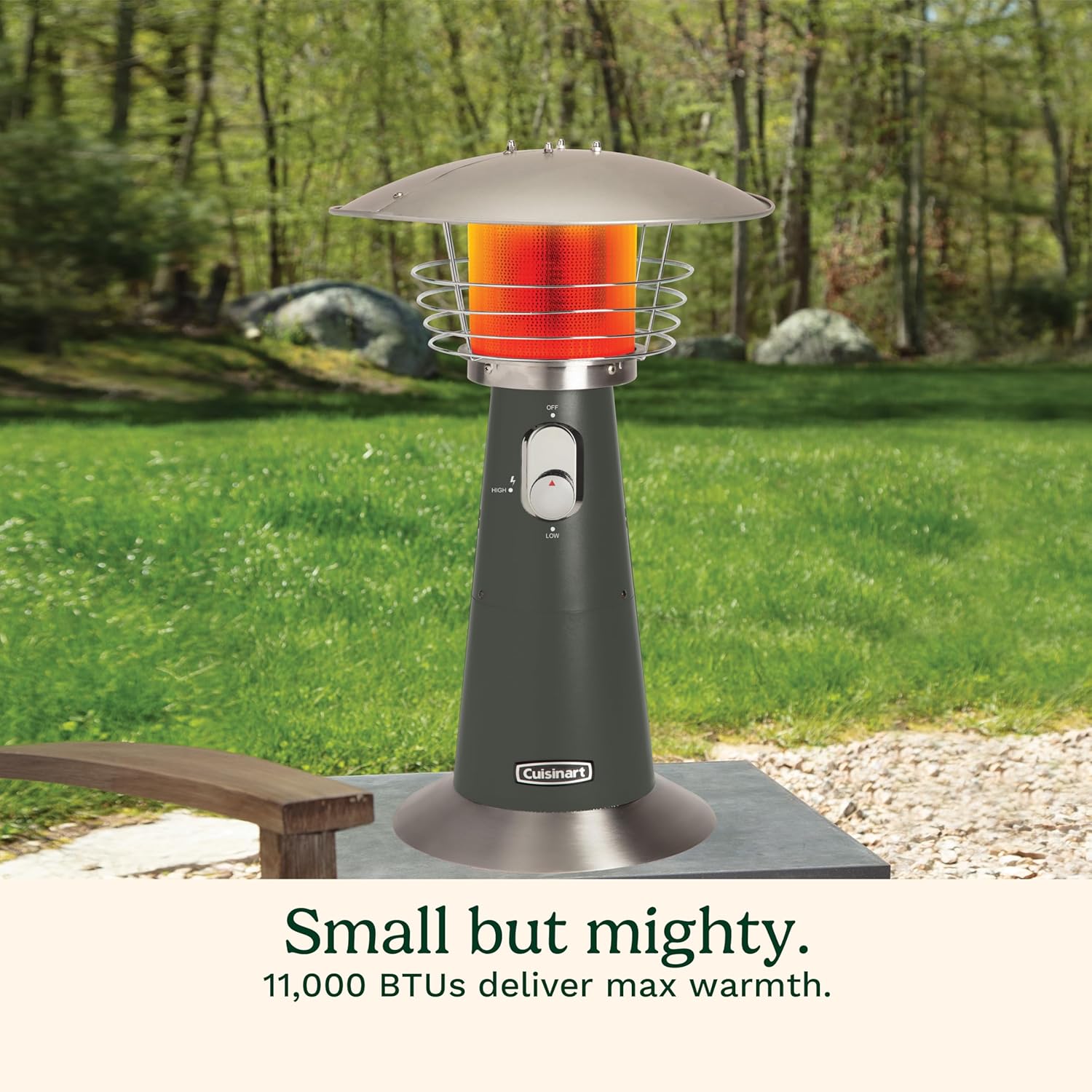 Cuisinart Portable Tabletop Patio Heater  11 000 BTU Outdoor Propane Heater with Safety Tilt Switch and Adjustable Heat  Burner Screen Guard  30 sq. Foot Heat Range  Gray