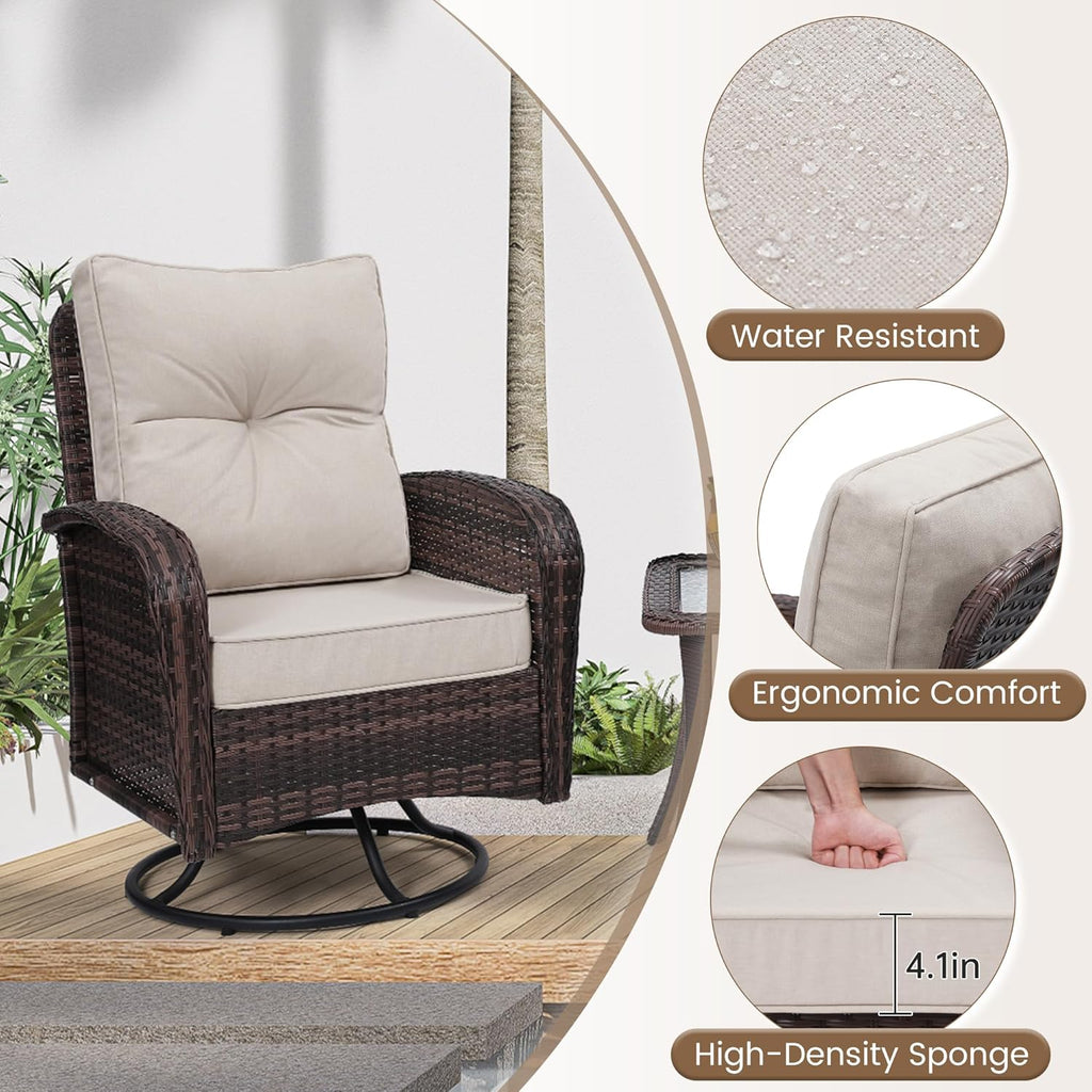 Luxury Outdoor Swivel Wicker Glider Patio Chairs with Table Set  Overstuffed Washable Cushions  Ideal for Porch  Balcony  Deck  Brown Rattan and Beige Cushion
