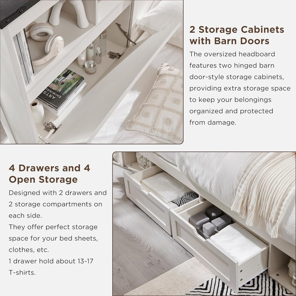 ACCOHOHO King Bed Frame Farmhouse with 52" Storage Bookcase Headboard, 4 Drawers Wooden Bed Frame, LED Light, Charging Station - White