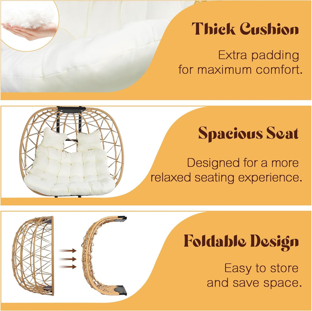 DoubleTT Double Swing Egg Chair with Stand  Oversized 2 Person Indoor Outdoor Wicker Patio Basket Hanging Chair with Beige Cushion 550 LBS Capacity for Bedroom Balcony
