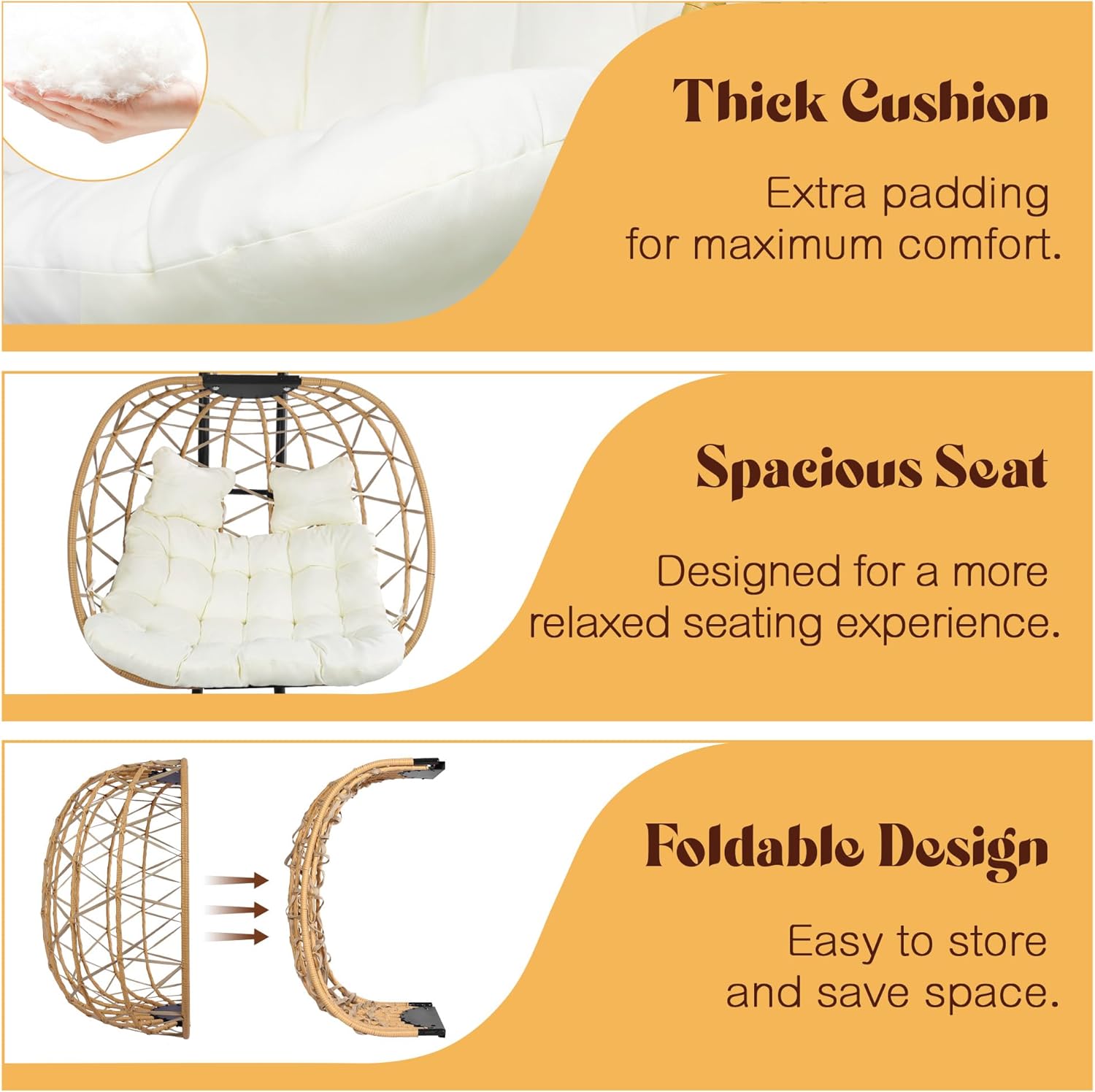 DoubleTT Double Swing Egg Chair with Stand  Oversized 2 Person Indoor Outdoor Wicker Patio Basket Hanging Chair with Beige Cushion 550 LBS Capacity for Bedroom Balcony