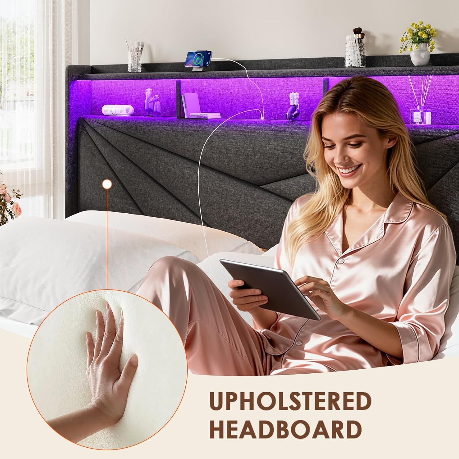King Size Bed Frame with 2-Tier Storage Headboard, Upholstered King Bed Frame with 2 Drawers, Charging Station and LED Lights, No Box Spring Needed, Easy Assembly - Dark Grey