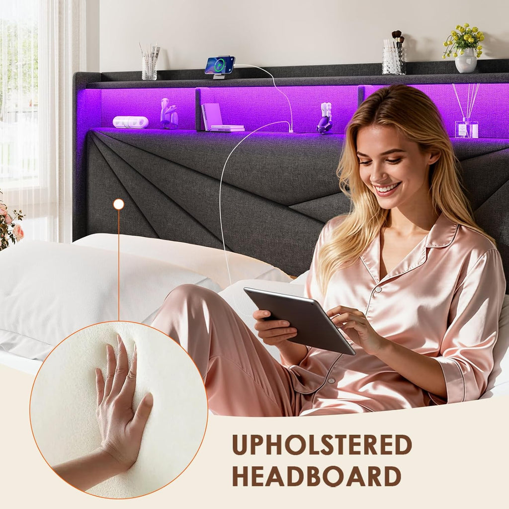 Queen Bed Frame with 2-Tier Storage Headboard, Upholstered Bed Frame Queen Size with 2 Drawers, Charging Station and LED Lights, No Box Spring Needed, Easy Assembly - Dark Grey