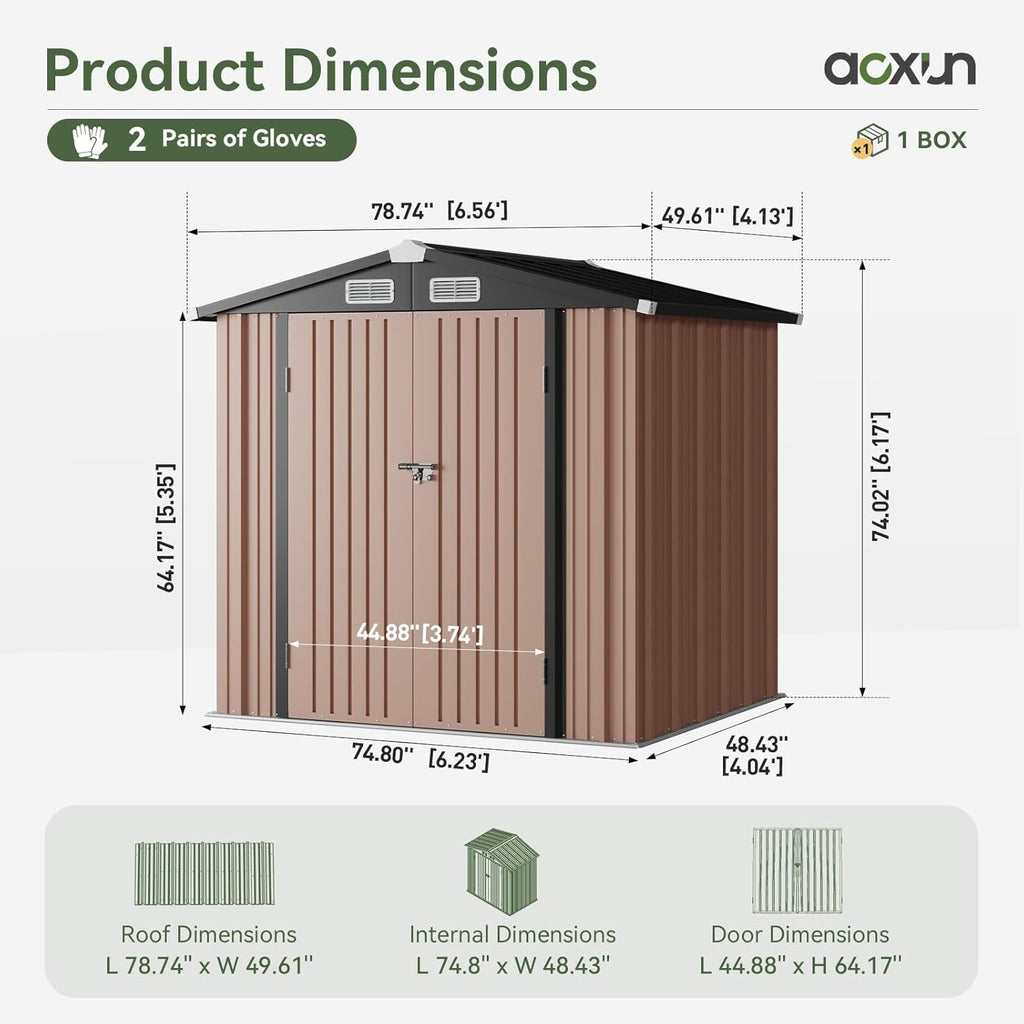 Aoxun 6.2x4 FT Shed Outdoor Storage Shed with Lockable Doors & Slooping Roof Metal Garden Tool Shed for Backyard  Patio  Poolside (Brown)