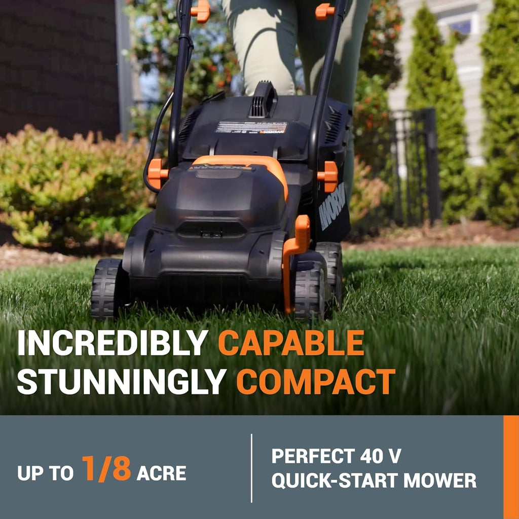 WORX 14" Cordless Lawn Mower  2 in 1 Electric Mower Cuts Quietly  Compact & Lightweight Push Lawn Mower with 6-Position Height Adjustment for Small Yards  2 Batteries & Charger Included  WG779