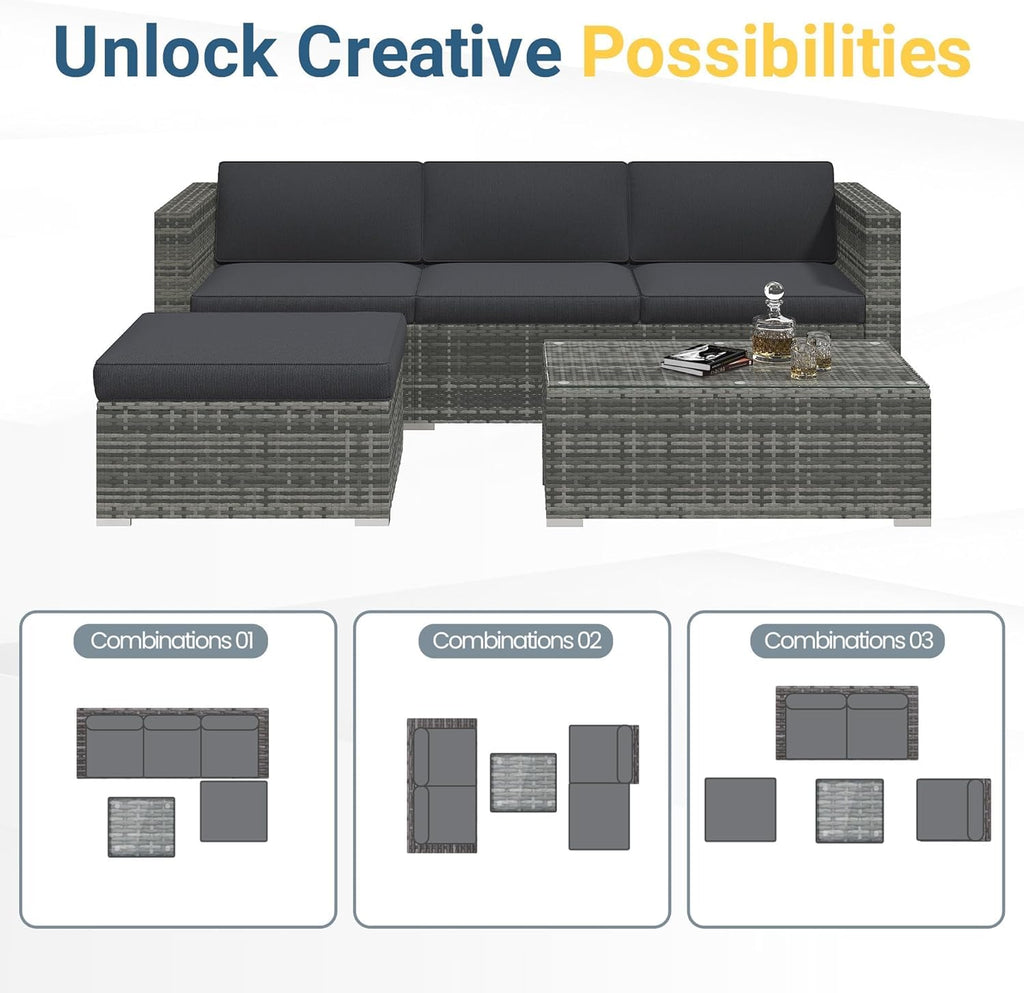 Wisteria Lane 5-Pieces Outdoor Patio Furniture Set  All Weather Wicker Rattan Sectional Sofa  Patio Conversation Set with Cushions & Glass Coffee Table for Backyard Porch Garden Balcony  Grey