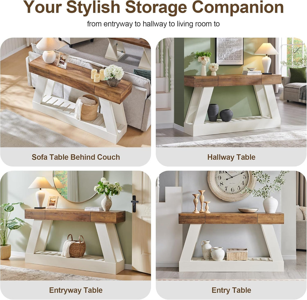 OKD 60" Farmhouse Entryway Table with Drawer, Console Table Behind Sofa, Narrow Long Entryway for Hallway, Living Room, Hallway, Behind Couch(Antique White)