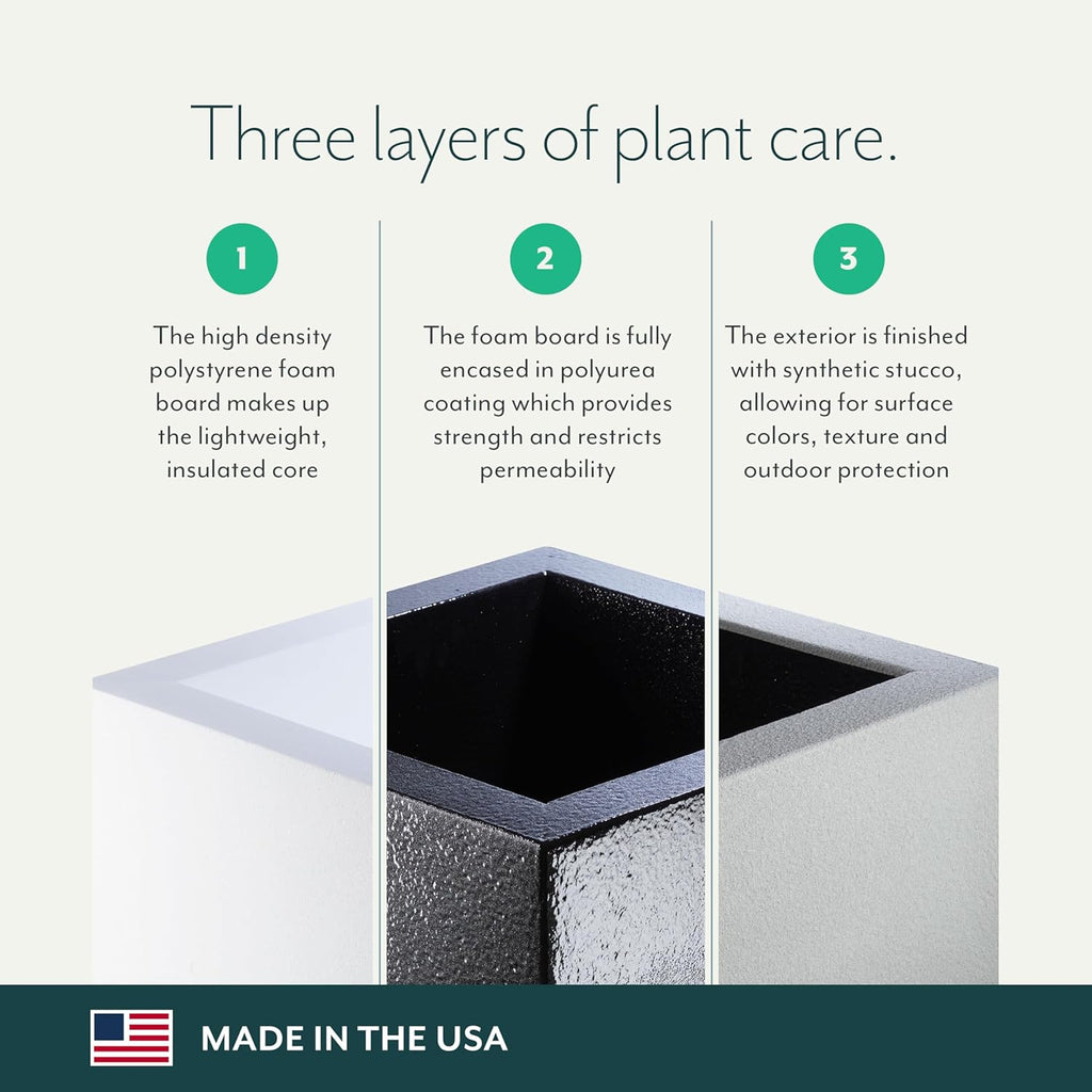 PolyStone Cozumel Tall Modern Outdoor/Indoor Column Planter  18" L x 23" W x 30" H  Lightweight  Heavy Duty  Weather Resistant  Polymer Finish  Commercial Grade and Residentia (Black)