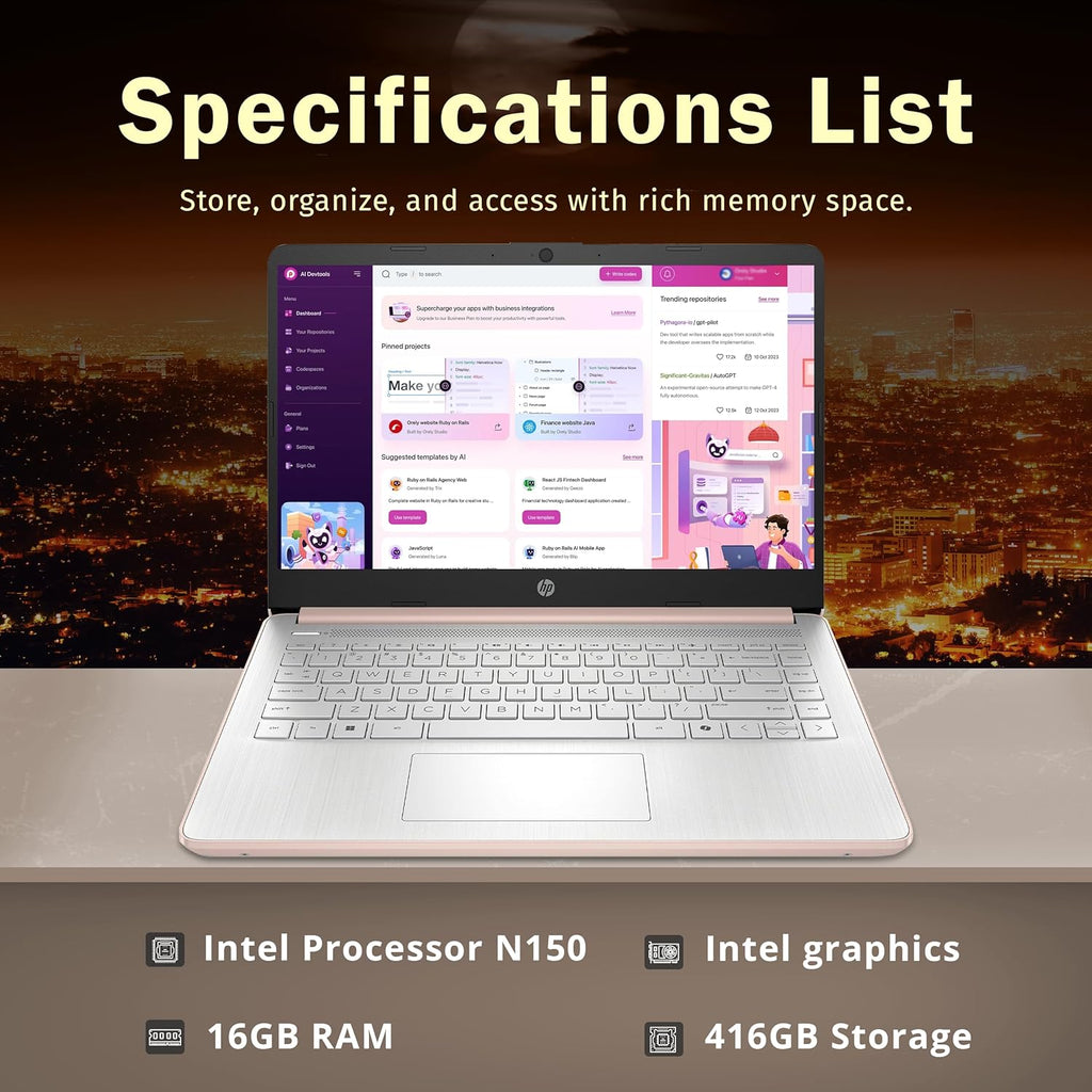 HP Stream 14" HD BrightView Laptop  Intel Celeron N150  16GB RAM  416GB Storage (128GB eMMC + 288GB Docking Station Set)  Intel UHD Graphics  720p Camera  Wi-Fi  1 Year Office 365  Win 11 S  Gold