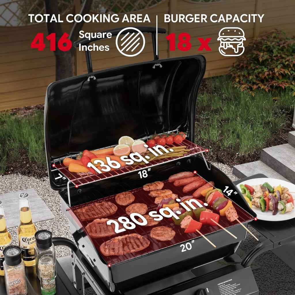 2 Burner Propane Gas Grill with 26 500 BTUs Output  Porcelain-Enamel Main Body and Lid  Propane BBQ Grill with Warming Rack & Side Tables for Patio  Backyard  Poolside Gatherings