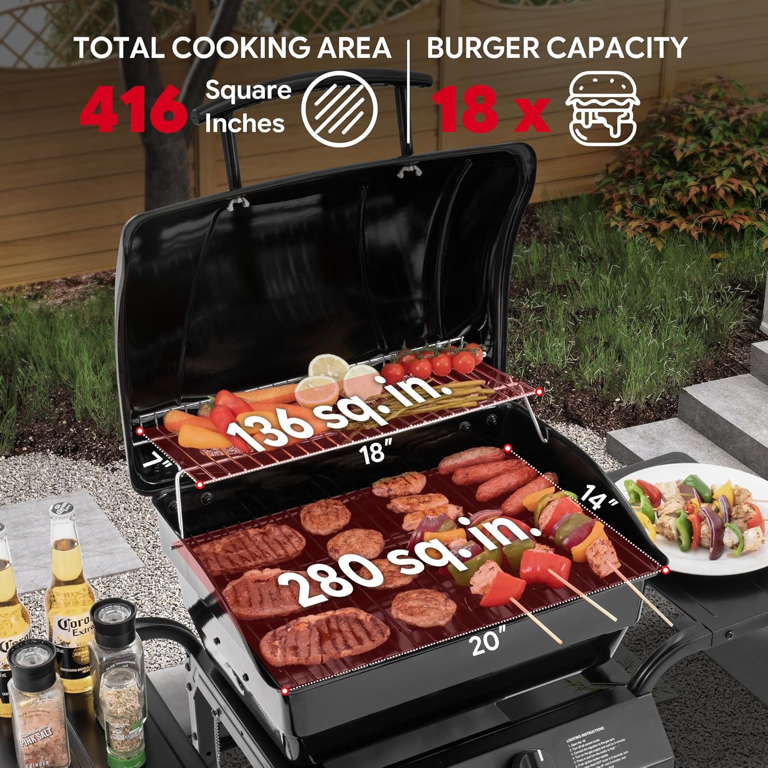 2 Burner Propane Gas Grill with 26 500 BTUs Output  Porcelain-Enamel Main Body and Lid  Propane BBQ Grill with Warming Rack & Side Tables for Patio  Backyard  Poolside Gatherings