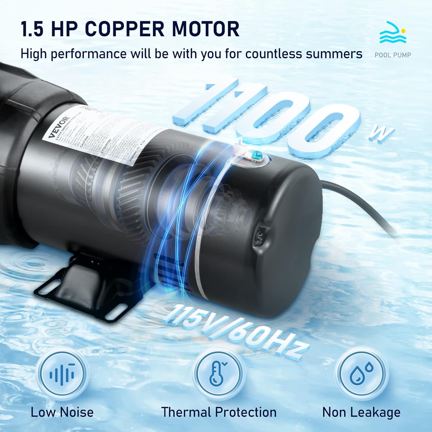 VEVOR Swimming Pool Pump  1.5 HP 115 V  1100 W Single Speed Pumps for Above Ground Pool w/Strainer Basket  5280 GPH Max. Flow  Certification of ETL for Security