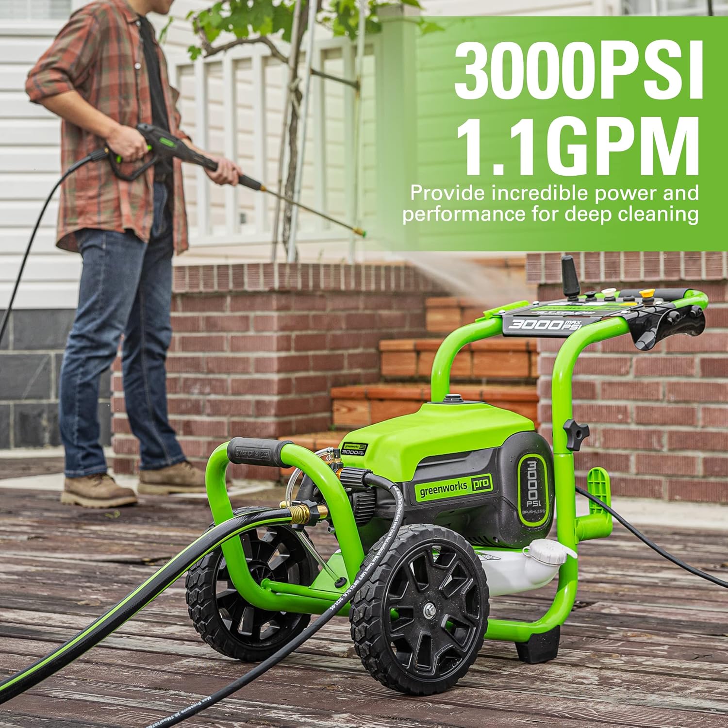 Greenworks Pro Brushless 3000 PSI (CSA Certified) 2.0 GPM Max / 1.1 GPM Electric Pressure Washer (Rugged Steel Frame  25 FT Hose  35 FT GFCI Power Cord)