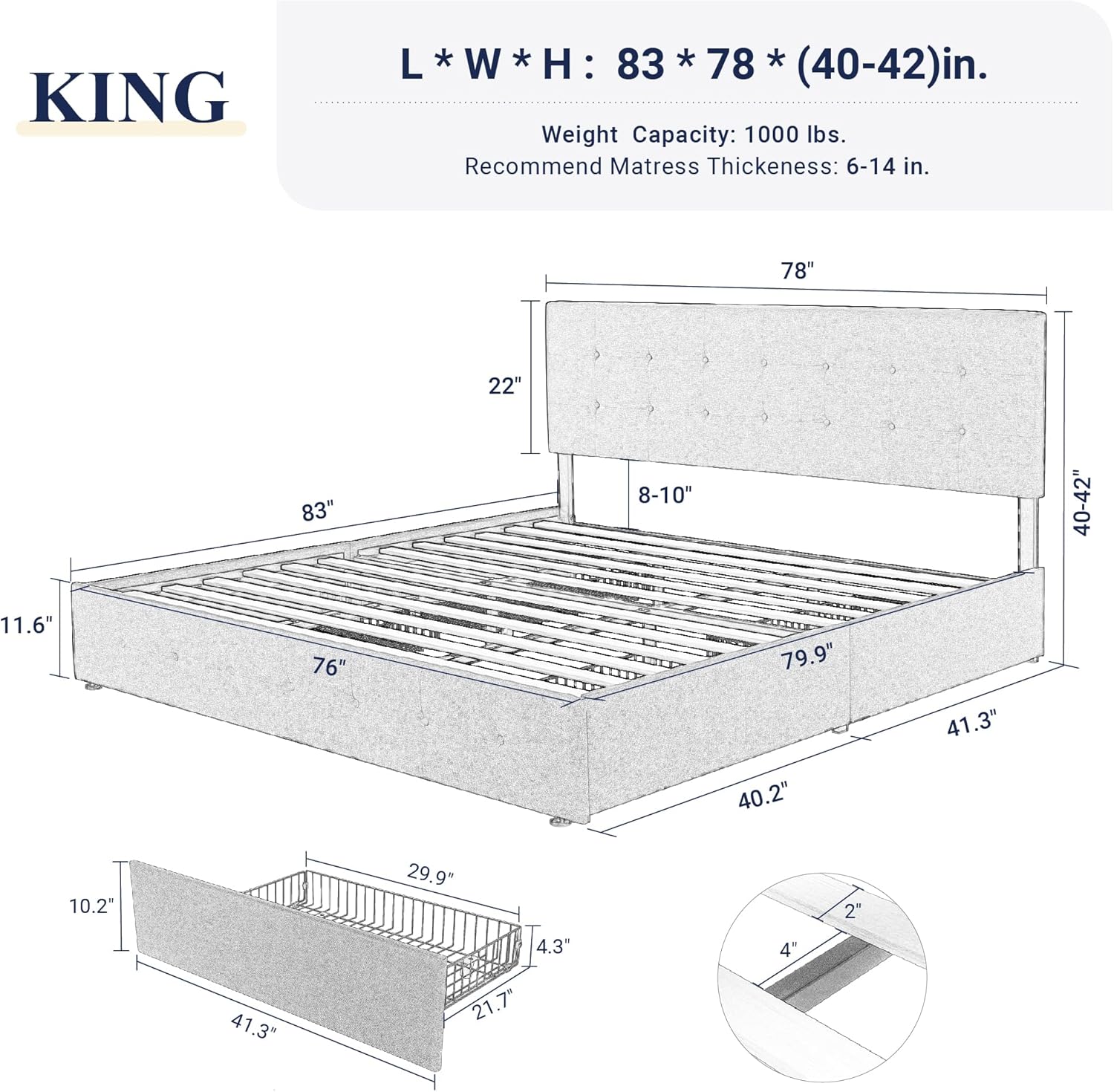 Allewie Upholstered King Size Platform Bed Frame with 4 Storage Drawers and Headboard, Square Stitched Button Tufted, Mattress Foundation with Wooden Slats Support, No Box Spring Needed, Dark Grey