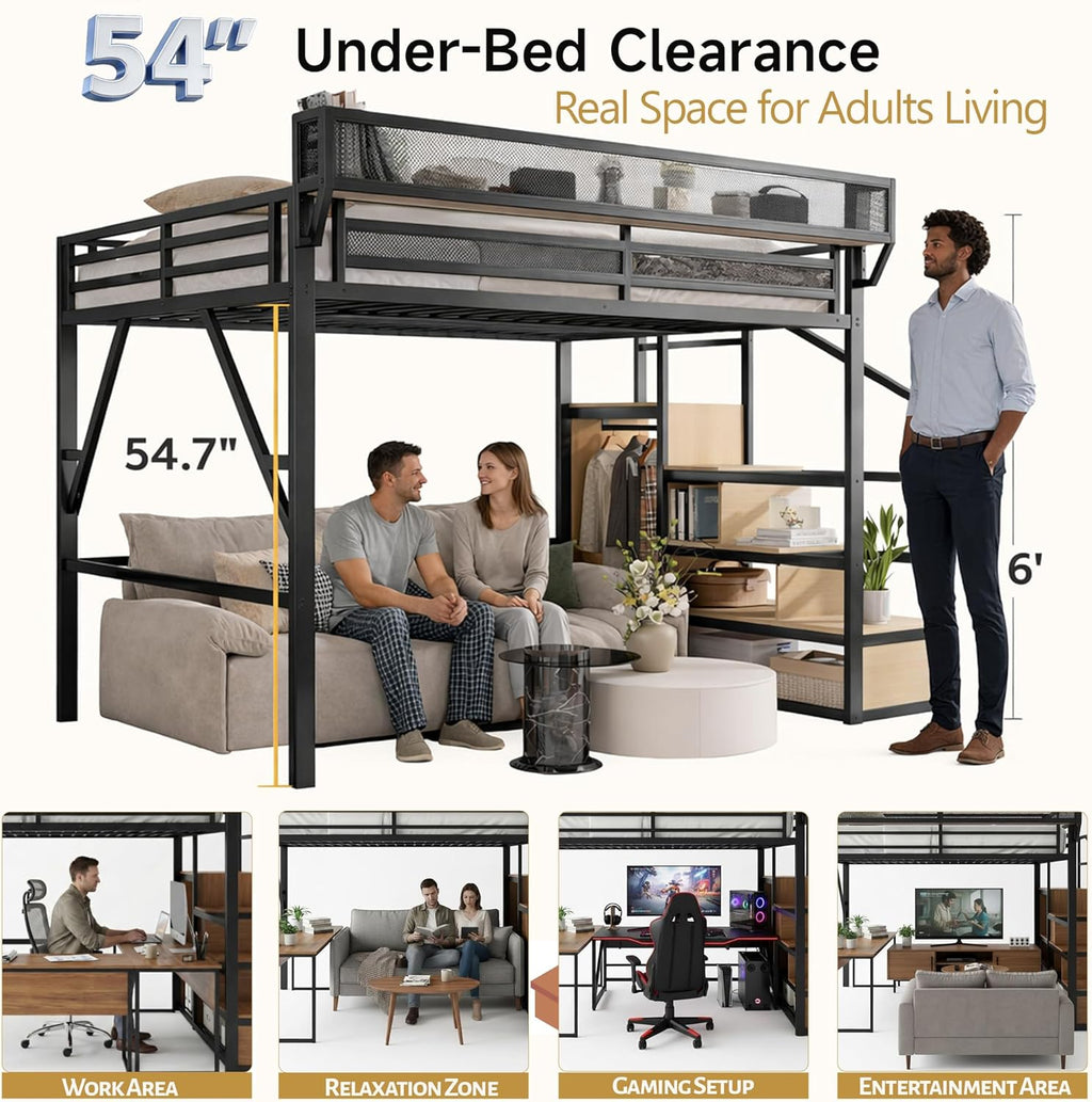 Queen Size Loft Bed with Stairs and Storage, Metal Loft Bed Frame with Bedside Shelf and Large Under-Bed Space, Heavy-Duty Loft Beds for Adults Teens and Kids, Convertible Staircase, Black