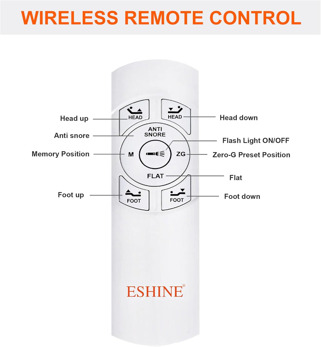 ESHINE Adjustable Bed Frame King - Ergonomic Electric Bed Base, Foot & Head Incline, APP Control, Wireless Remote, Zero Gravity, Anti-Snore, King, 2000 Series