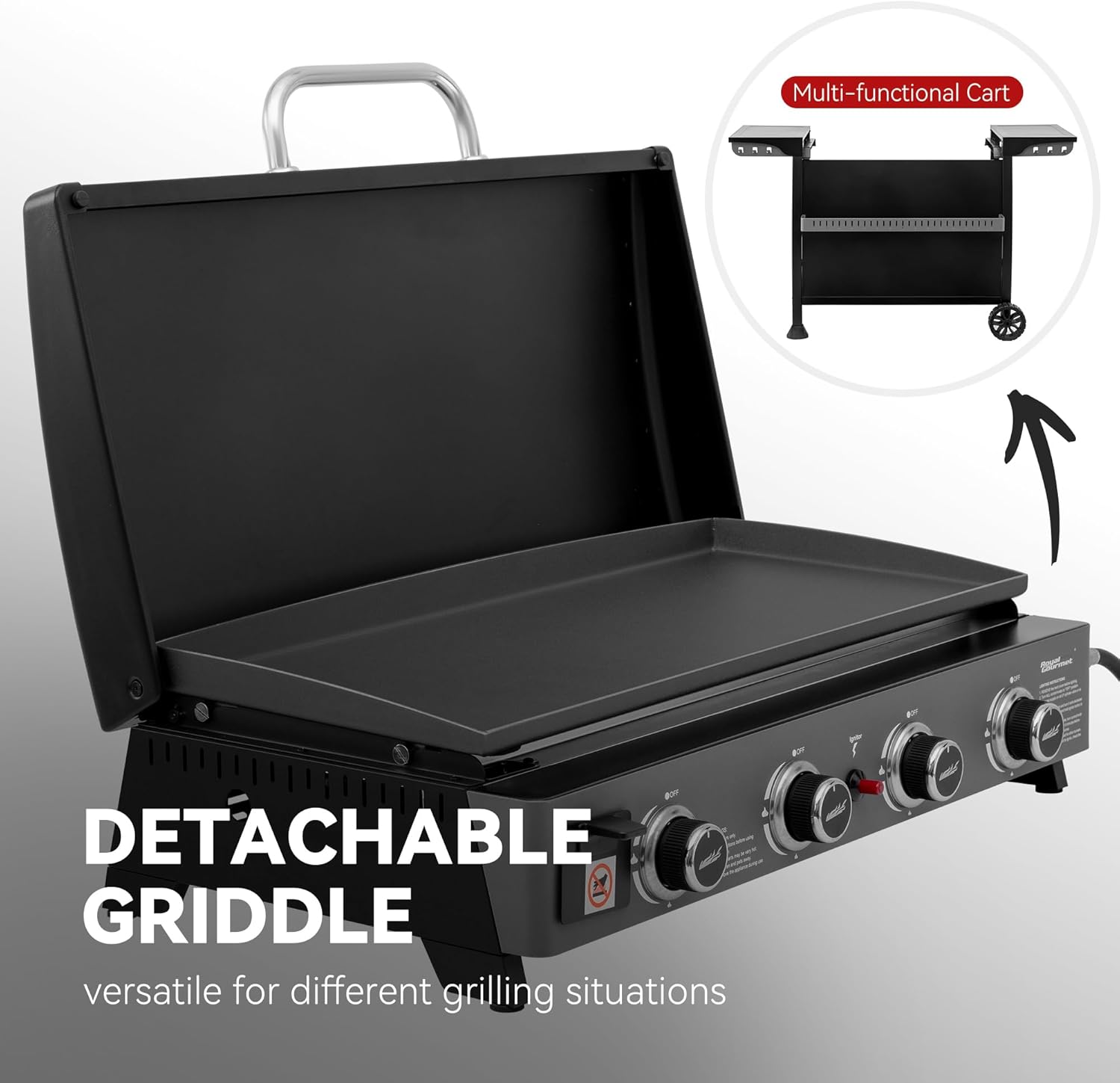 Royal Gourmet PD4001 4 Burner Propane Gas Griddle with Removable Standing Cart  Convertible to Tabletop Design  Flat Top Grill with Hood for Camping  Tailgating  Backyard  Black