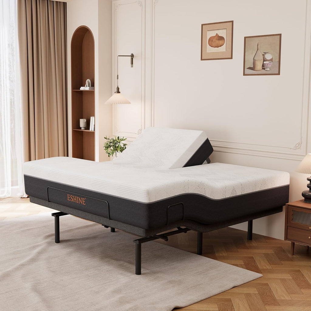 ESHINE Split Top King Adjustable Bed Frame with 14" Gel Memory Foam Mattress, Graphene Cover - Electric Upholstered Base, Massage Function, Wireless Remote, USB Ports, Under Bed Light, Grey