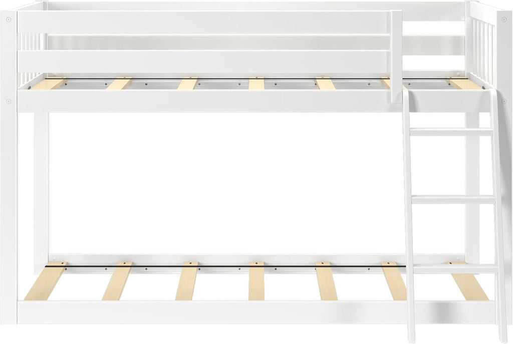 Max & Lily Fundamental Twin Low Bunk Bed, Kids Solid Wood Modern Bed Frame with Strong Wooden Slats, Non-Toxic Finishes, High Weight Capacity, White