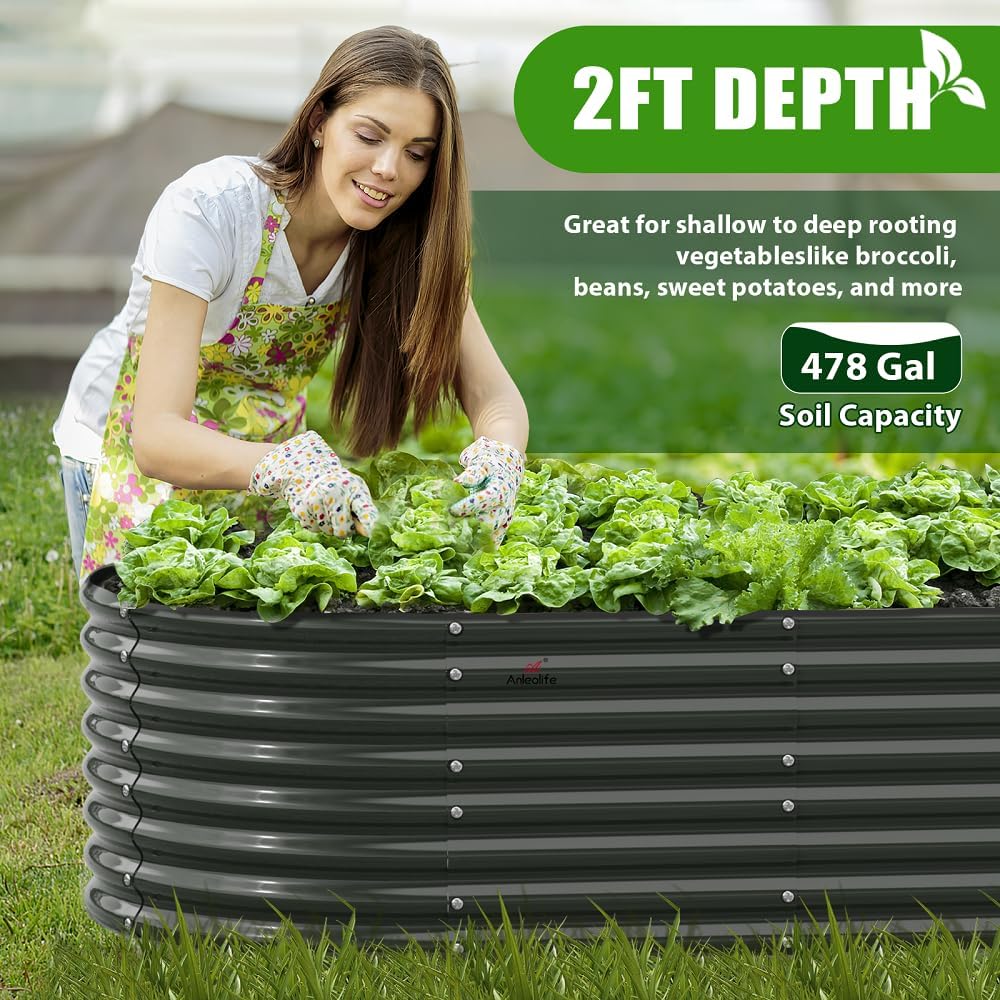 A ANLEOLIFE 8x4x2ft Galvanized Raised Garden Bed Kit  Oval Metal Deep Root Planters for Outdoor Plants Vegetables Flowers Herb  Large Bottomless  478 Gallon Capacity- Quartz Grey