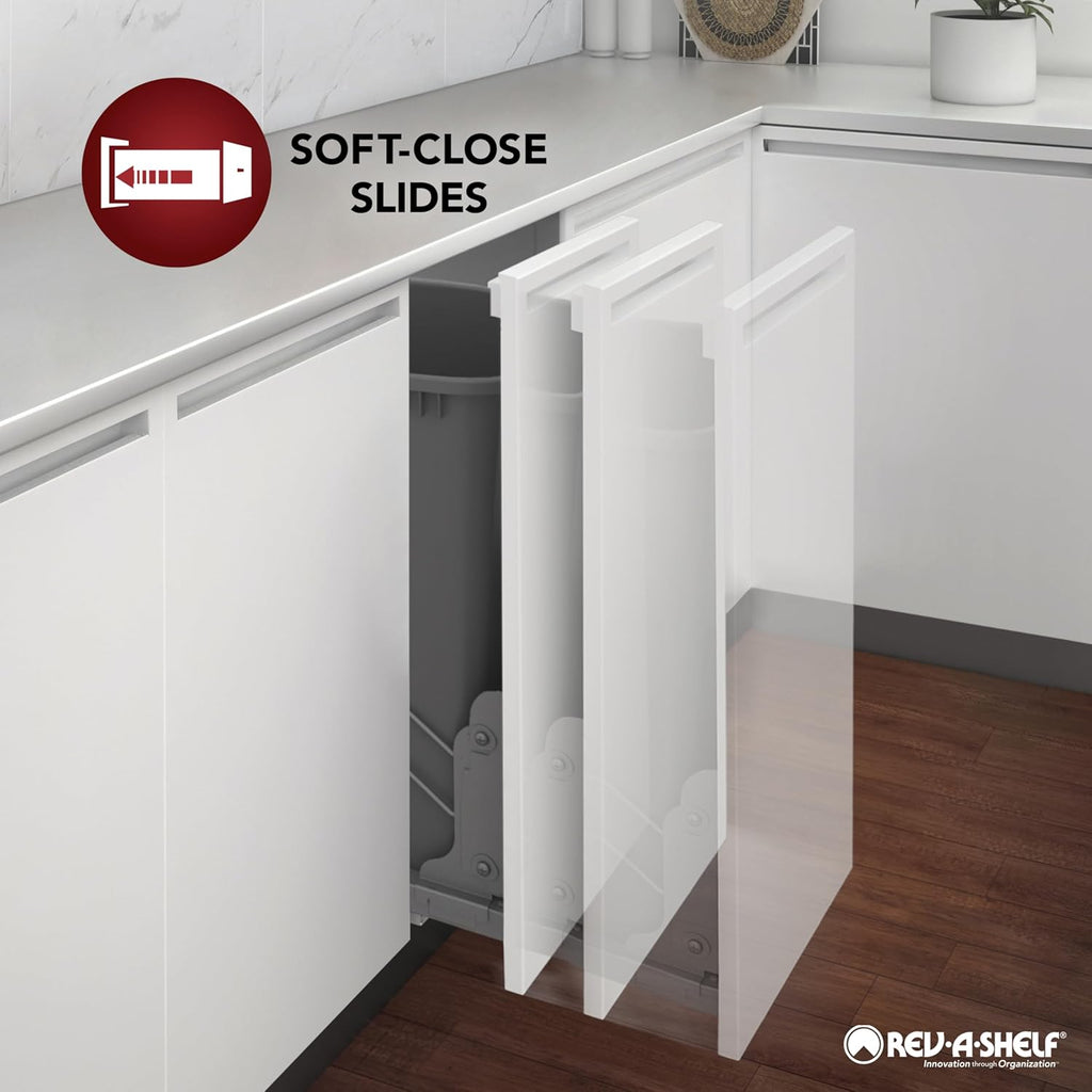 Rev-A-Shelf Steel Double Pullout Waste Container with Soft-Close, 35 Quart, Black - Sliding Garbage Bin System with Dual Trash Can for 18" Home Kitchen Base Cabinet, 53WC-1835SCDM-218