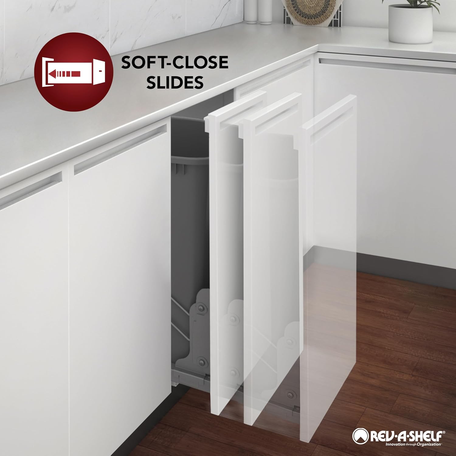 Rev-A-Shelf Steel Double Pullout Waste Container with Soft-Close, 35 Quart, Black - Sliding Garbage Bin System with Dual Trash Can for 18" Home Kitchen Base Cabinet, 53WC-1835SCDM-218