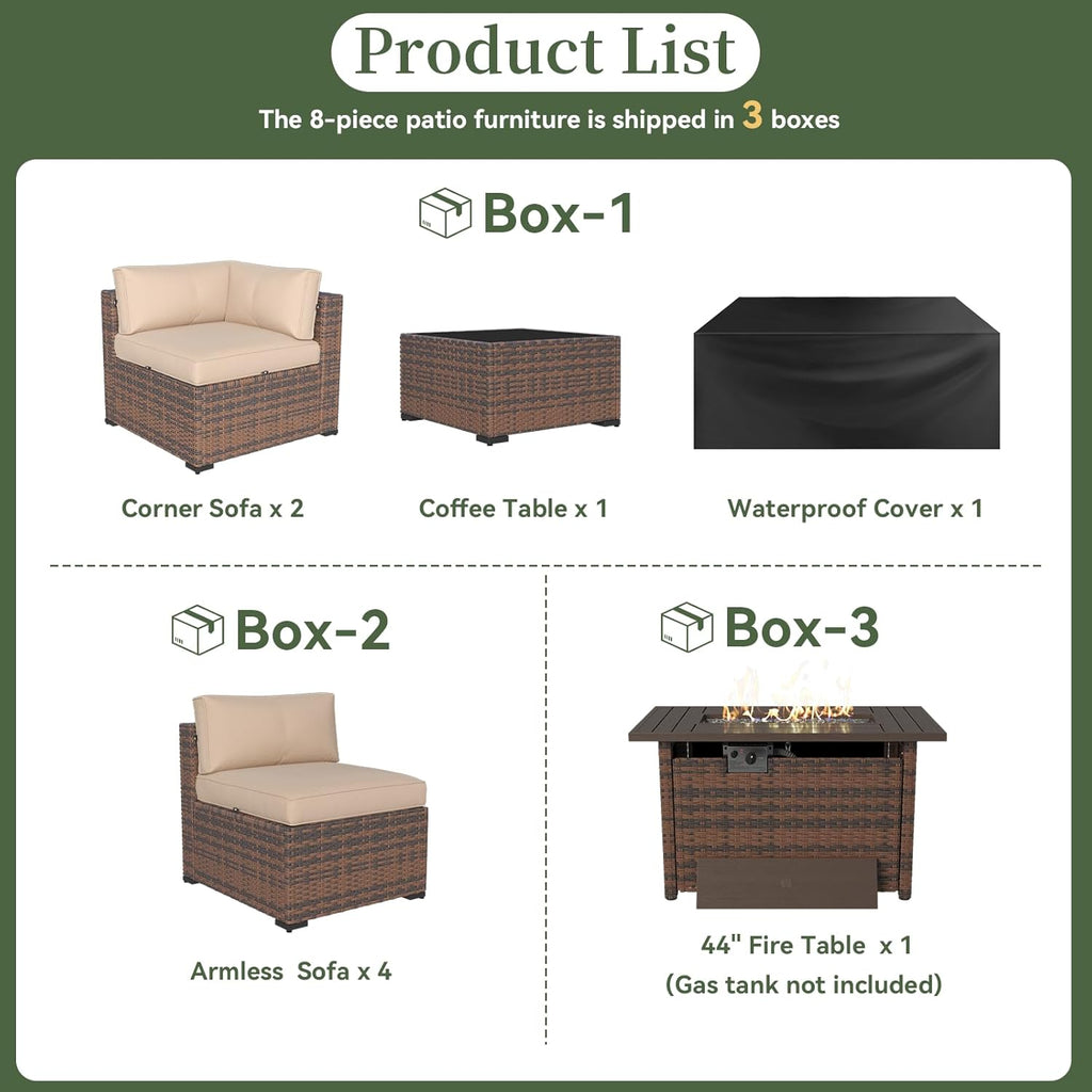 Aoxun 8 Piece Patio Furniture Set with 44” Fire Pit Table Wicker Rattan Outdoor Sectional Sofa Set with Coffee Table and Thickened Cushions  Beige (Waterproof Cover Included)
