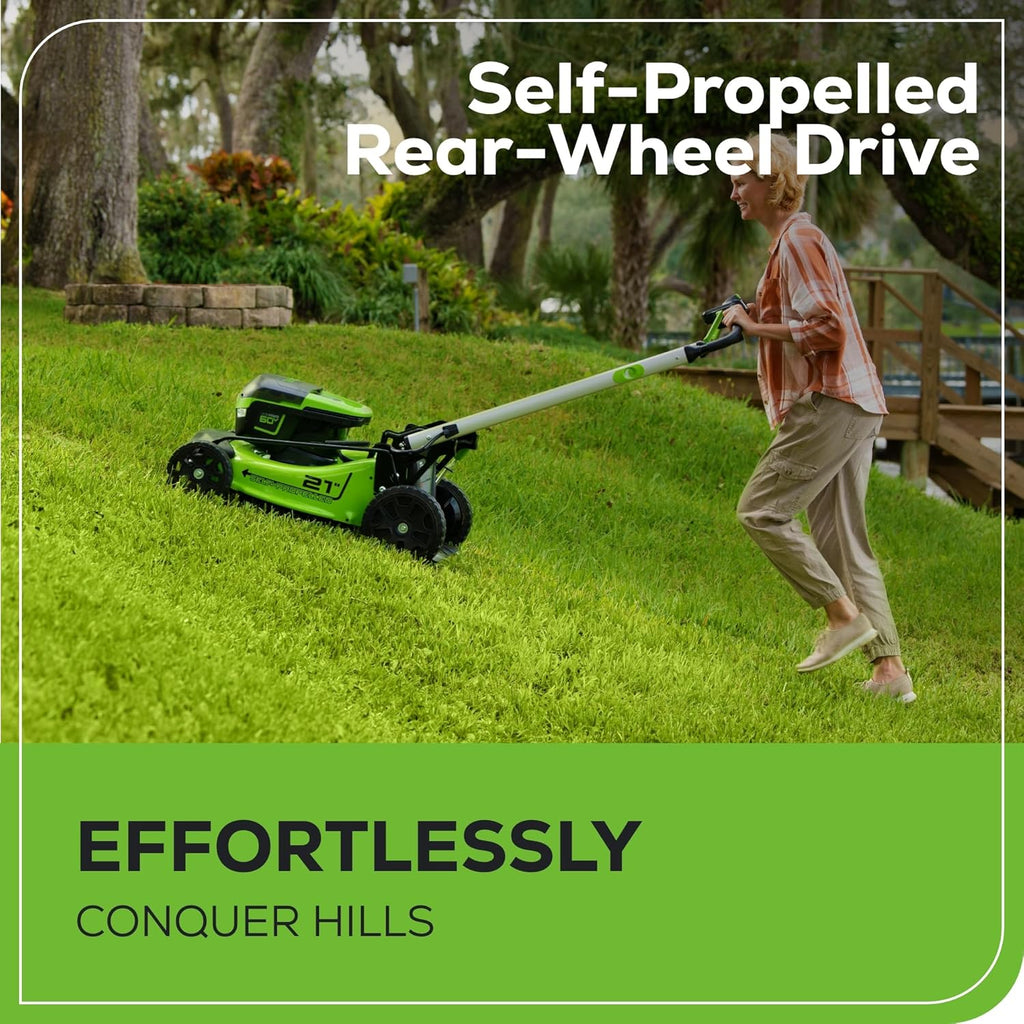 Greenworks 60V 21" Self-Propelled Cordless Lawn Mower  Brushless Motor  LED Lights  Includes 2X 4.0Ah Batteries & Rapid Dual-Port Charger(75+ Tool Compatibility  45Min Runtime)