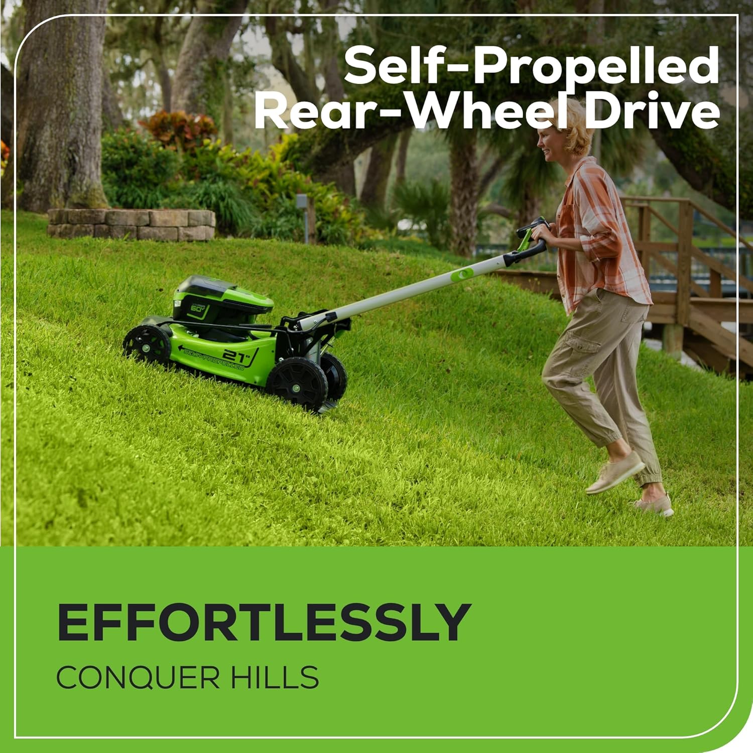 Greenworks 60V 21" Self-Propelled Cordless Lawn Mower  Brushless Motor  LED Lights  Includes 2X 4.0Ah Batteries & Rapid Dual-Port Charger(75+ Tool Compatibility  45Min Runtime)