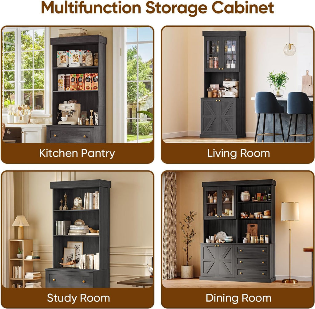 71" Tall Farmhouse Kitchen Pantry, Large Storage Cabinet with Drawers, Freestanding Coffee Bar Hutch with Microwave Stand, Adjustable Shelves for Kitchen, Living Room, Black 4 Pcs