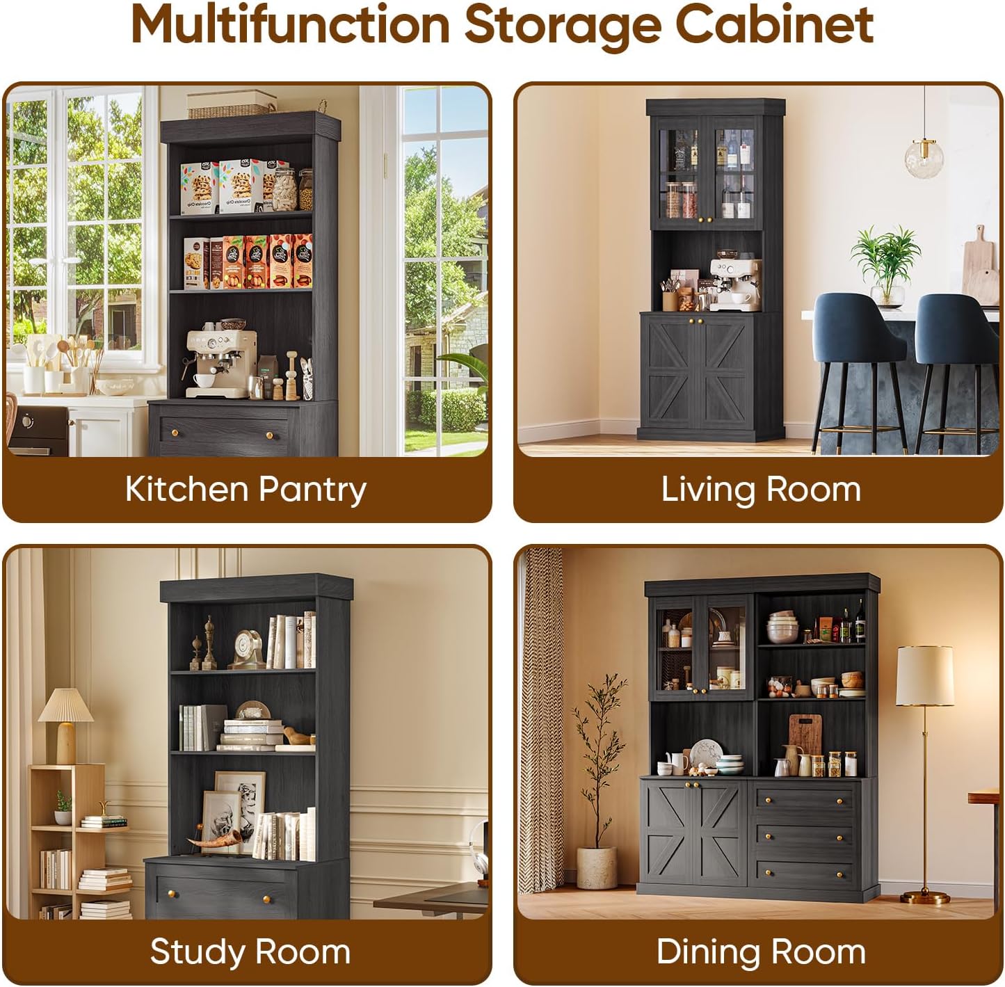 71" Tall Farmhouse Kitchen Pantry, Large Storage Cabinet with Drawers, Freestanding Coffee Bar Hutch with Microwave Stand, Adjustable Shelves for Kitchen, Living Room, Black 4 Pcs