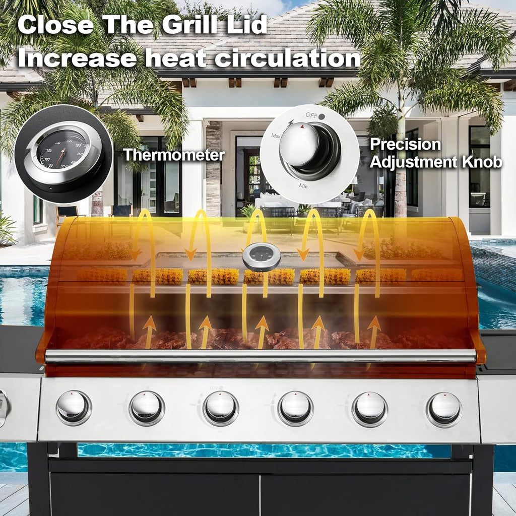 MELLCOM Upgraded 60 000 BTU Stainless Steel Burner Barbecue Grill  6 Burner BBQ Propane Gas Grill with Side Stove & Cast Iron Grates for Patio  Camping  Outdoor Cooking