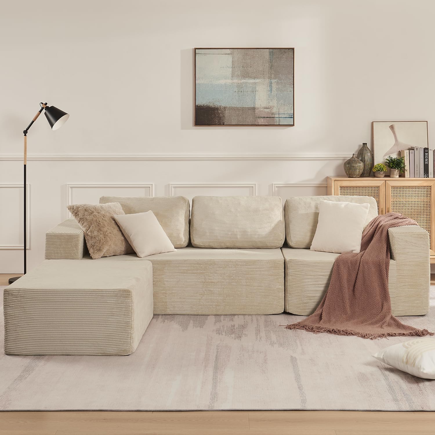 106" Cloud Sectional Couch, Left/Right Facing Convertible Sofa with Deep Seat, L-Shape Modular Upholstered Foam Couch for Living Room Bedroom, No Assembly Required (Corduroy Fabric, Beige)