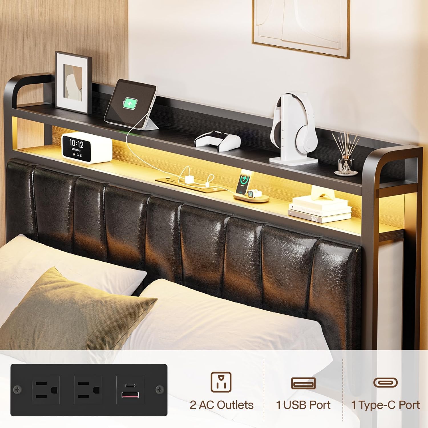 Queen Size Bed Frame with 2-Tier Storage Shelves, LED Bed Frame with PU Leather Headboard, Metal Platform Bed with Charging Station, Noise Free, No Box Spring Needed, Easy Assembly, Black