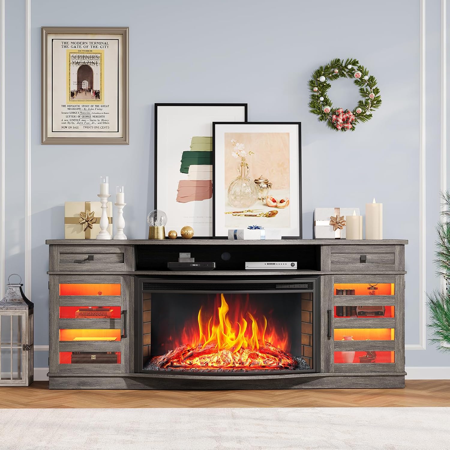 AMERLIFE 70" Farmhouse Fireplace TV Stand with 36'' Curved Electric Fireplace, LED Media Console with 2 Drawers & Adjustable Shelves, Fits 80'' TVs, Wash Gray