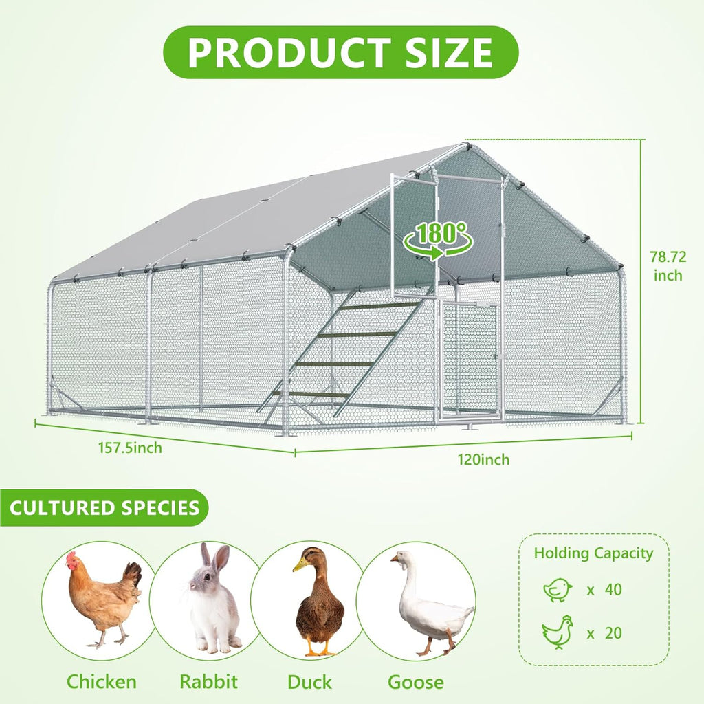 Large Chicken Coop Metal Chicken Run for Yard with Feeding Door Walk-in Chicken Pen for 10-20 Chickens Outdoor Poultry Cage with Anti-UV Cover