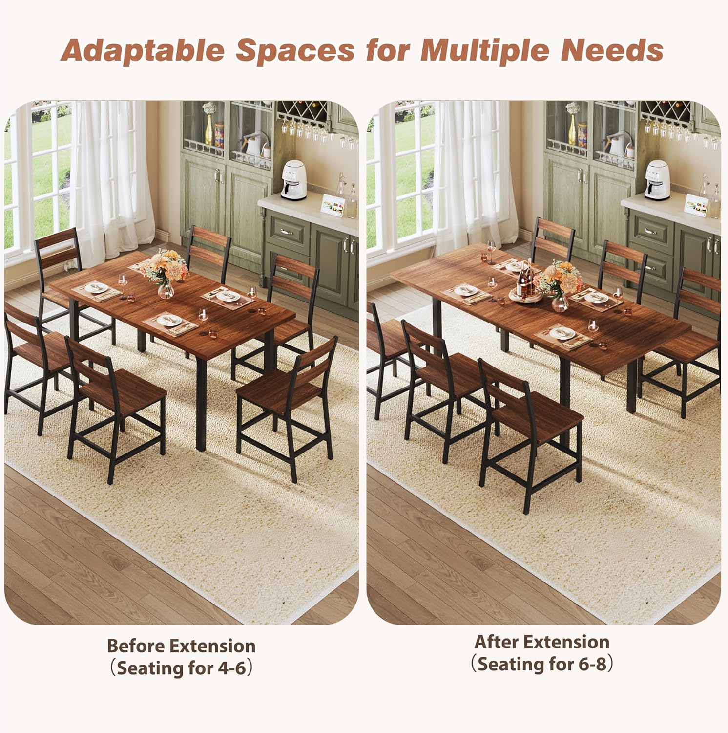 7-Piece Dining Table Set for 4-6, 63" Large Extendable Kitchen Table Set with 6 Chairs, Curved Backrest, Dining Room Table with Solid Metal Frame & MDF Board, Easy Assembly, Walnut