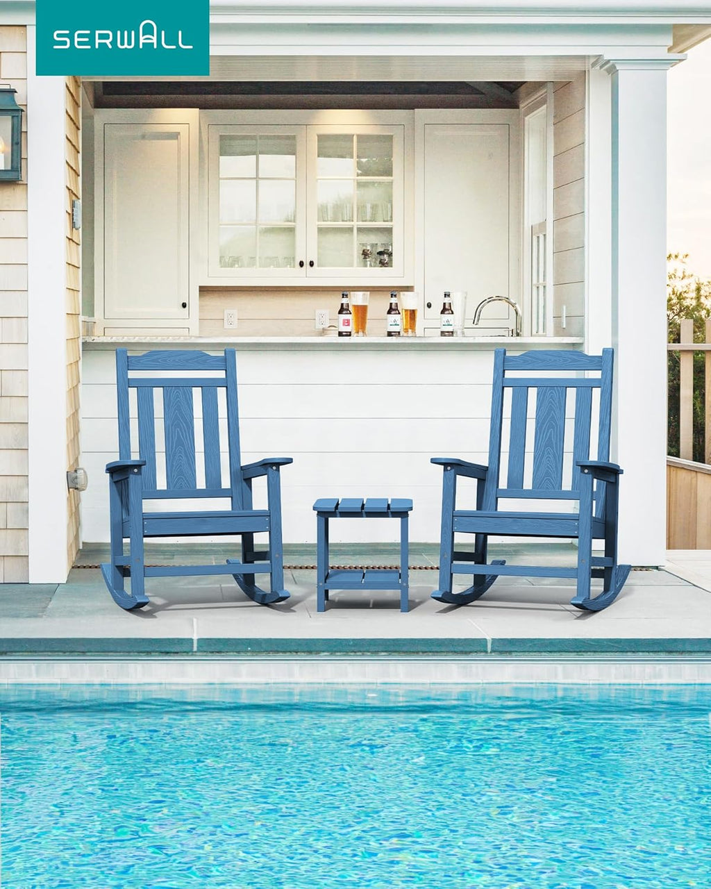SERWALL Oversized Rocking Chair Set of 4 Outdoor  HDPE Outdoor Rocking Chair Set of 4  Blue