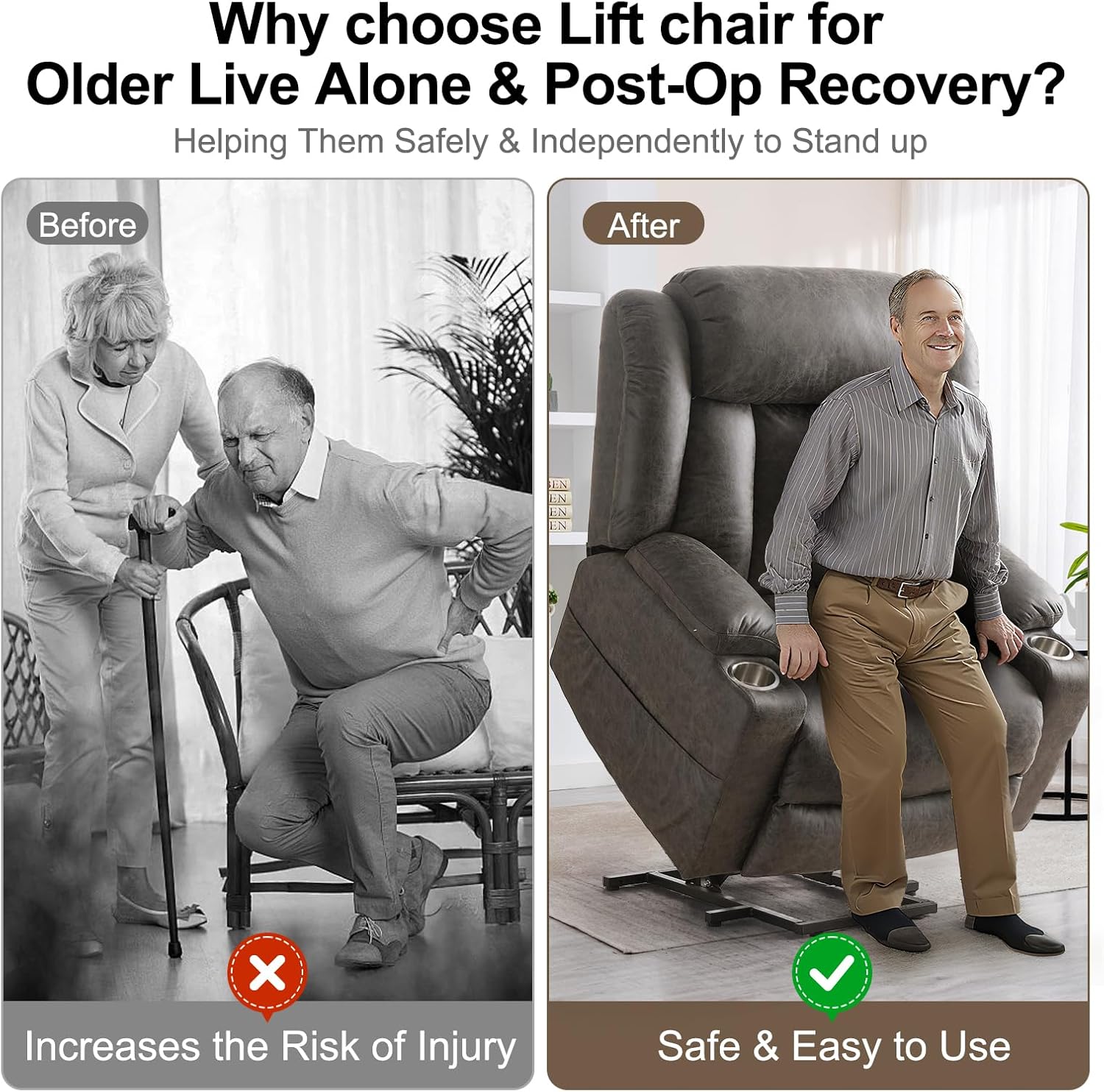 CDCASA Oversized Power Lift Recliner Chair with Massage and Heat for Elderly, Overstuffed Wide Recliners, Breathable Leather Lift Chairs w/Metal Cup Holders, USB & Type-C Ports, Matte Grey