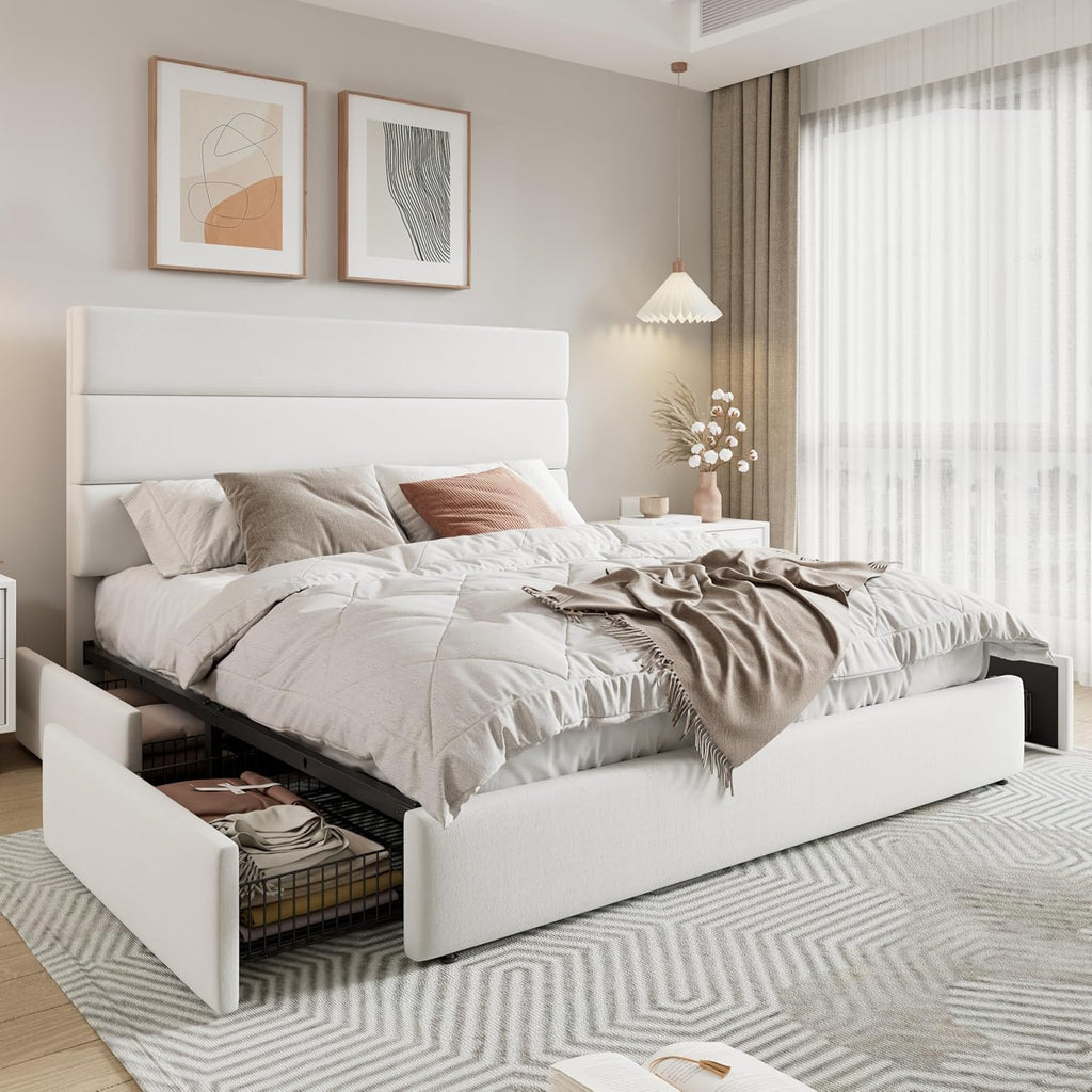 Allewie Modern Queen Size Platform Bed Frame with 4 Storage Drawers and Velvet Upholstered Headboard, Wooden Slats Support, Upholstered Mattress Foundation/No Box Spring Needed/Easy Assembly, White